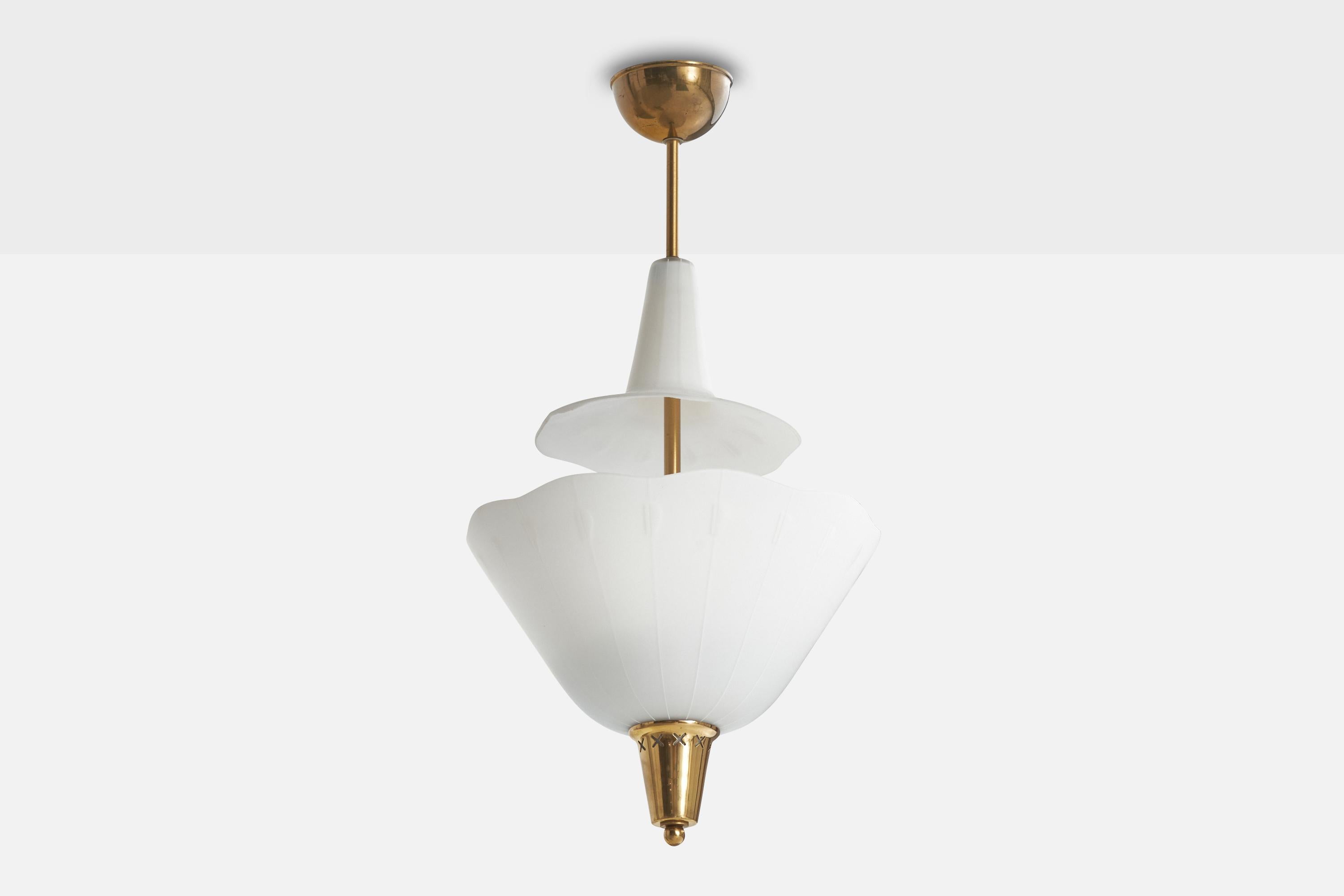 A brass and glass pendant light designed and produced by ASEA, Sweden, c. 1940s.

Overall Dimensions (inches): 23 ” H x 11.5 ” Diameter

Dimensions of Canopy:  1.75” H x 3.5” W x 3.5” D

Stem length: 4.5” H

Bulb Specifications: E-26  Bulbs

Number