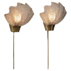 Used ASEA Skandia "Coquille" Brass and Glass Wall Lamps, Sweden 1940s