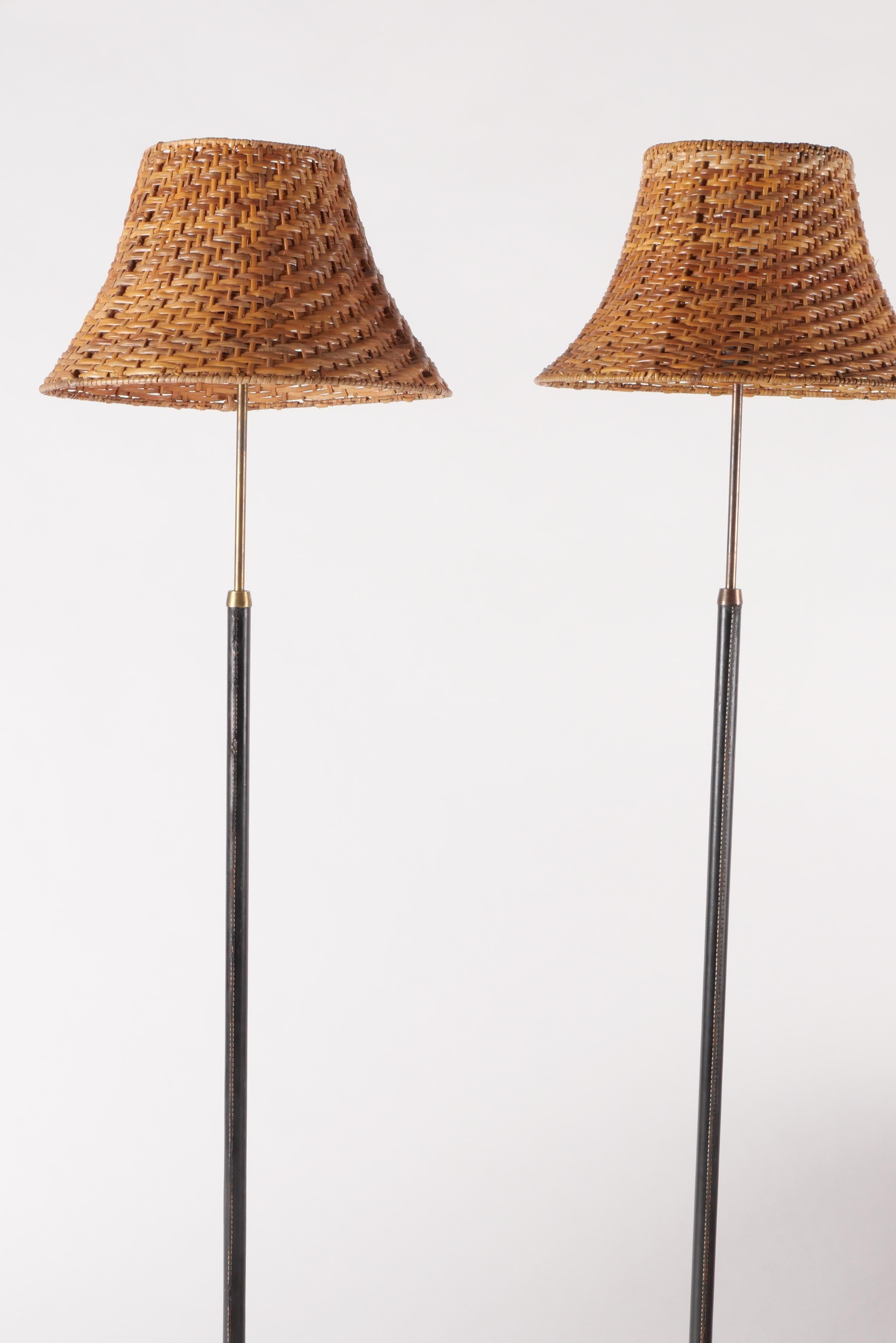20th Century ASEA Sweden Brass, Leather & Rattan Floor Lamps, A Pair For Sale