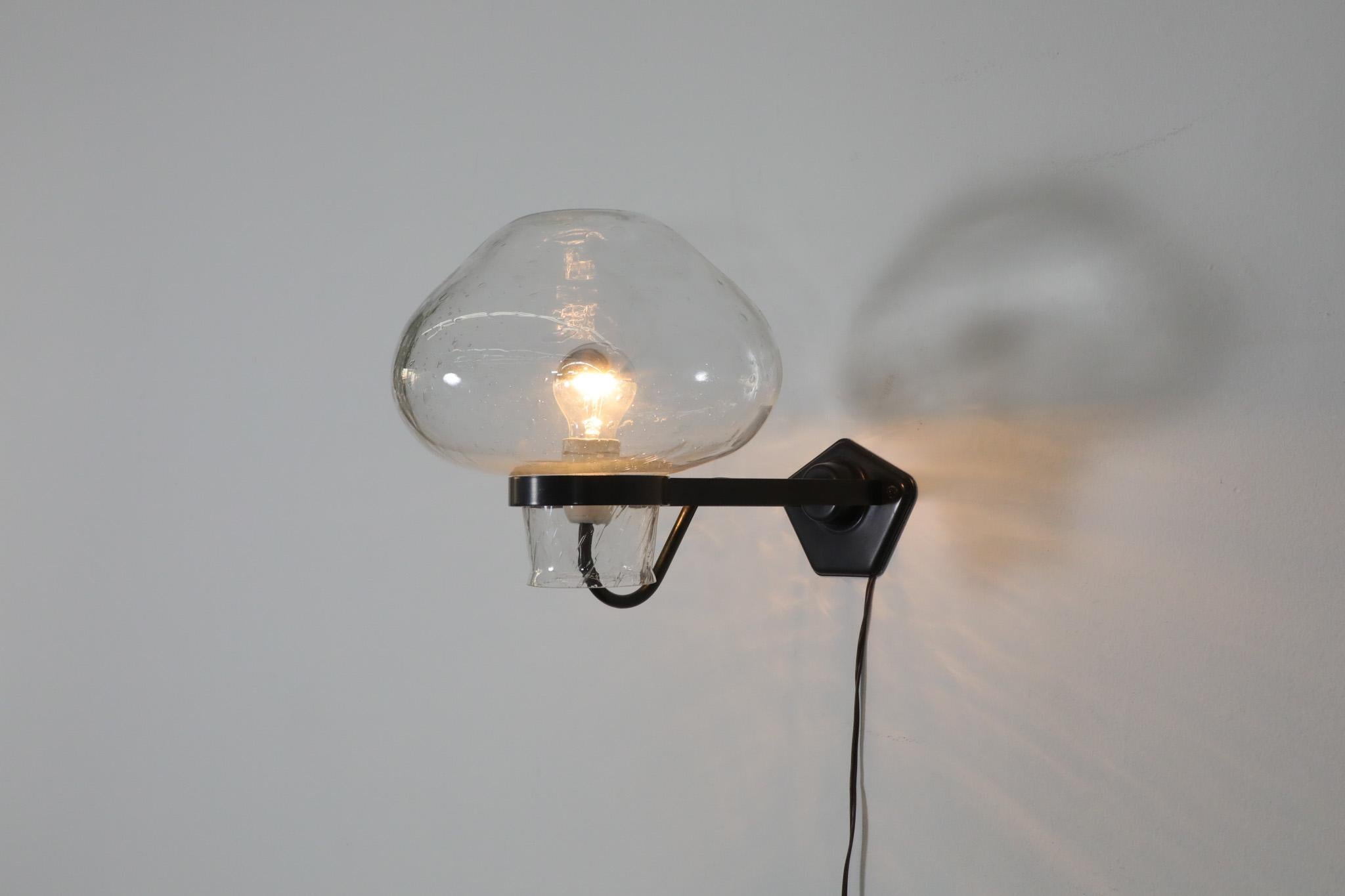 ASEA Swedish Blown Bubble Glass Wall Sconce with Black Metal Frame In Good Condition For Sale In Los Angeles, CA