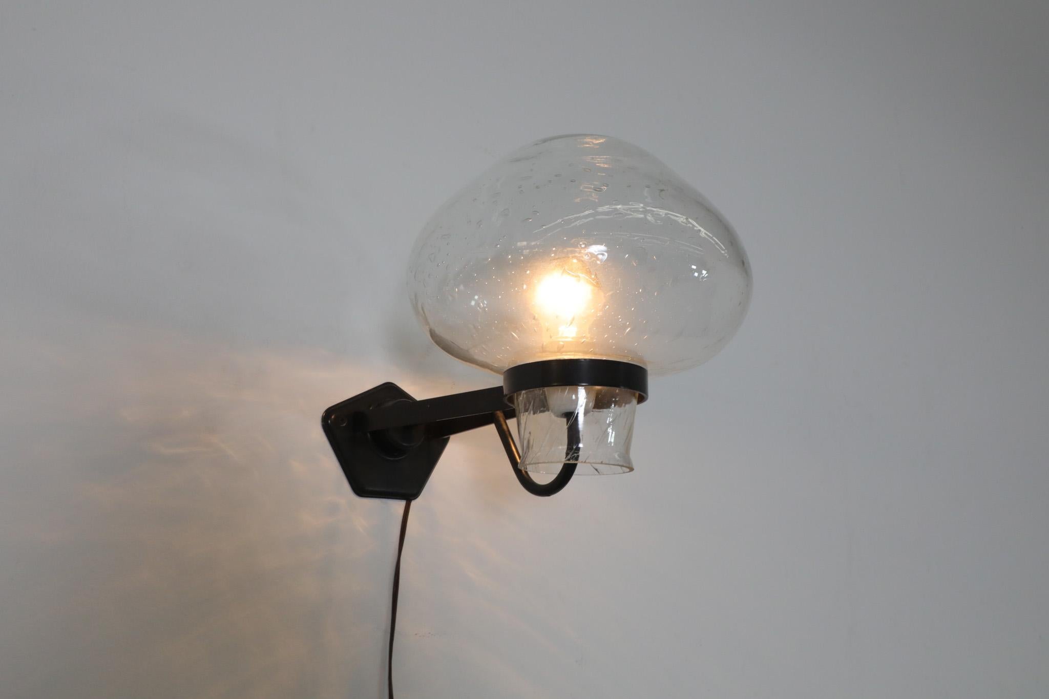 Mid-20th Century ASEA Swedish Blown Bubble Glass Wall Sconce with Black Metal Frame For Sale