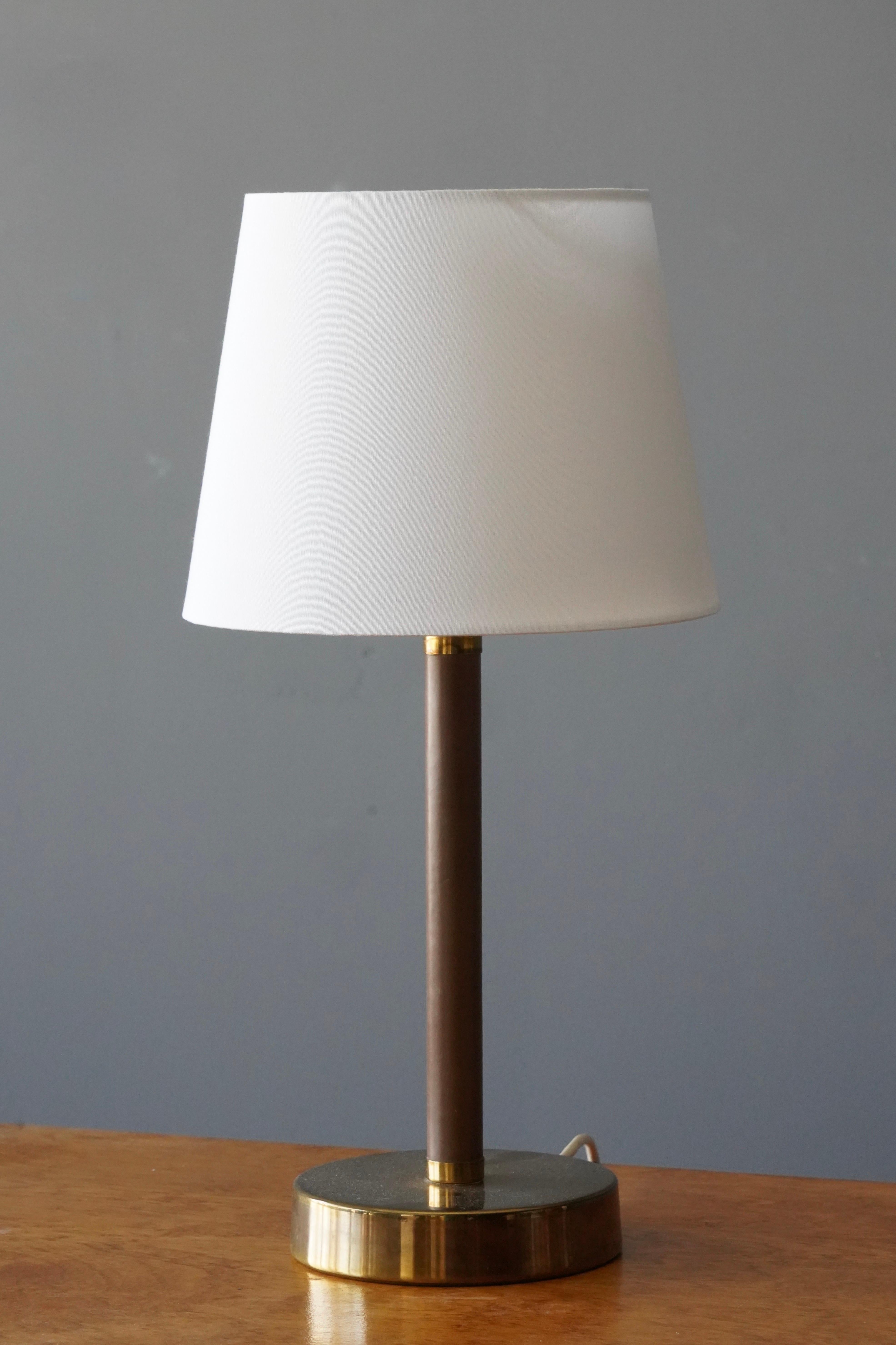 ASEA, Table Lamp, Brass, Brown Leather, Sweden, 1950s In Good Condition In High Point, NC