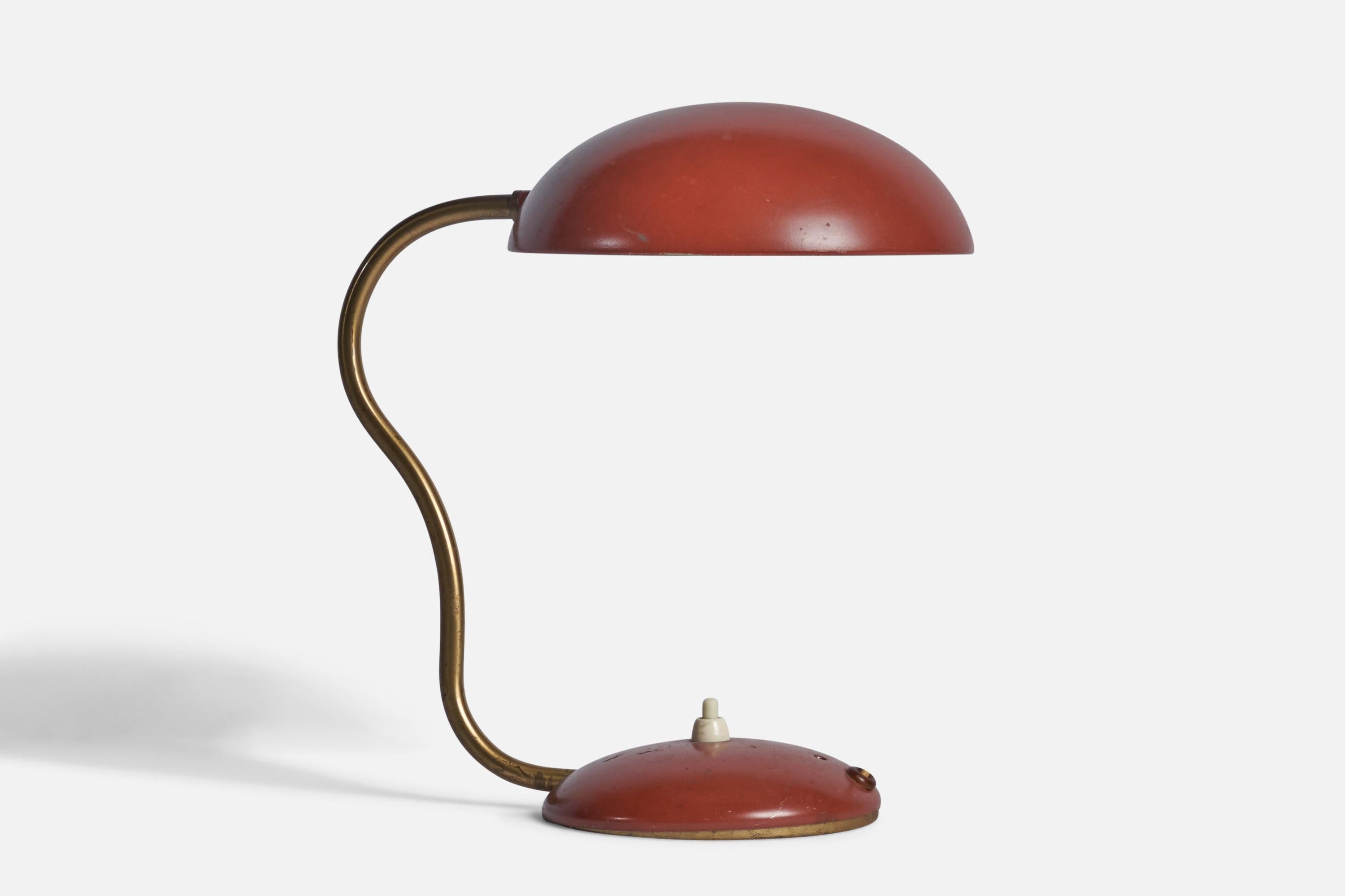 An adjustable brass and red-lacquered metal table lamp designed and produced in Sweden, 1940s.

Overall Dimensions (inches): 11” H x 7” W x 10” D
Bulb Specifications: E-26 Bulb
Number of Sockets: 1
All lighting will be converted for US usage. We are