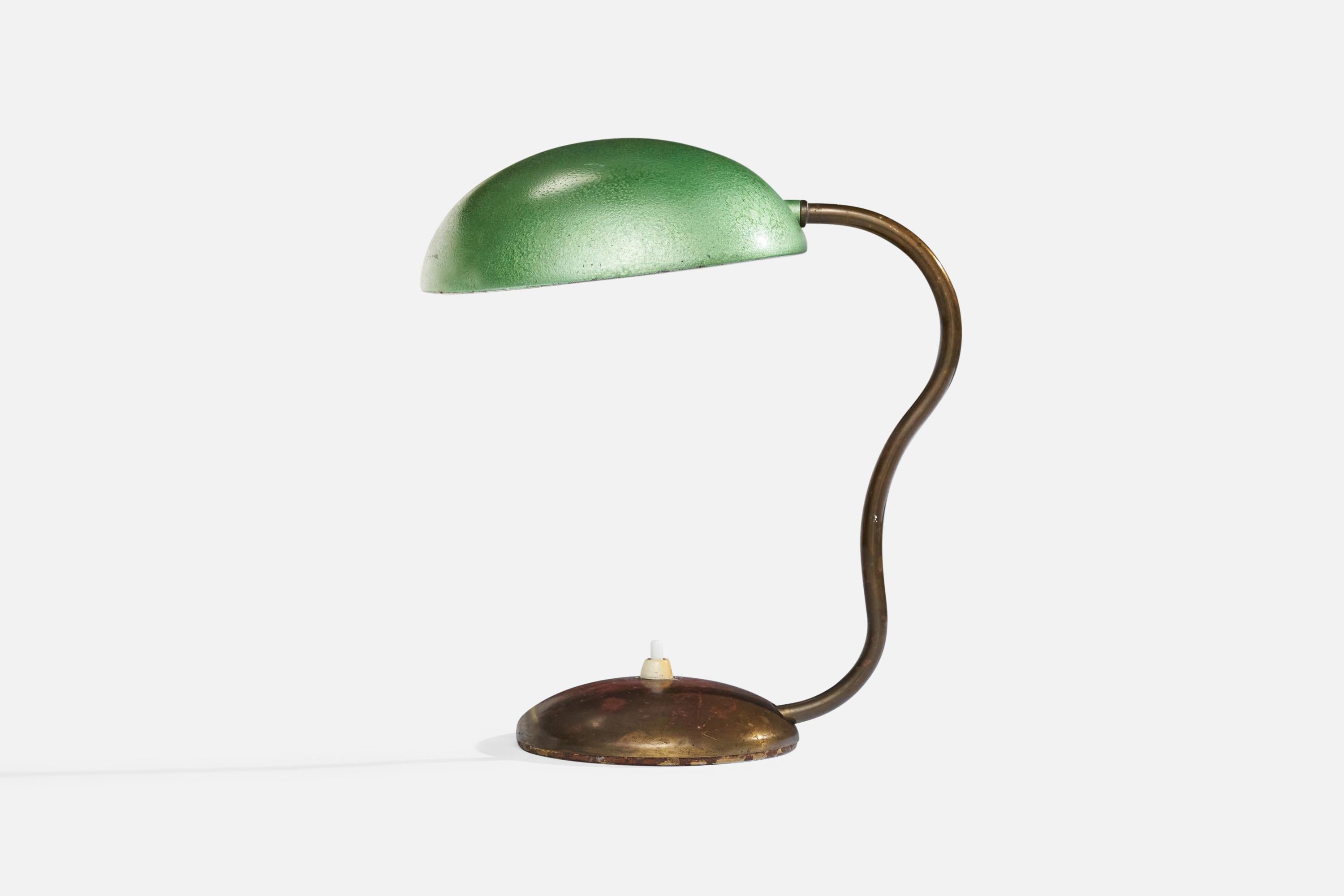 A brass and green-lacquered metal table lamp designed and produced by ASEA, Sweden, 1940s.

Overall Dimensions (inches): 11” H x 7” W x 9.75” D
Stated dimensions include shade.
Bulb Specifications: E-26 Bulb
Number of Sockets: 1
All lighting will be
