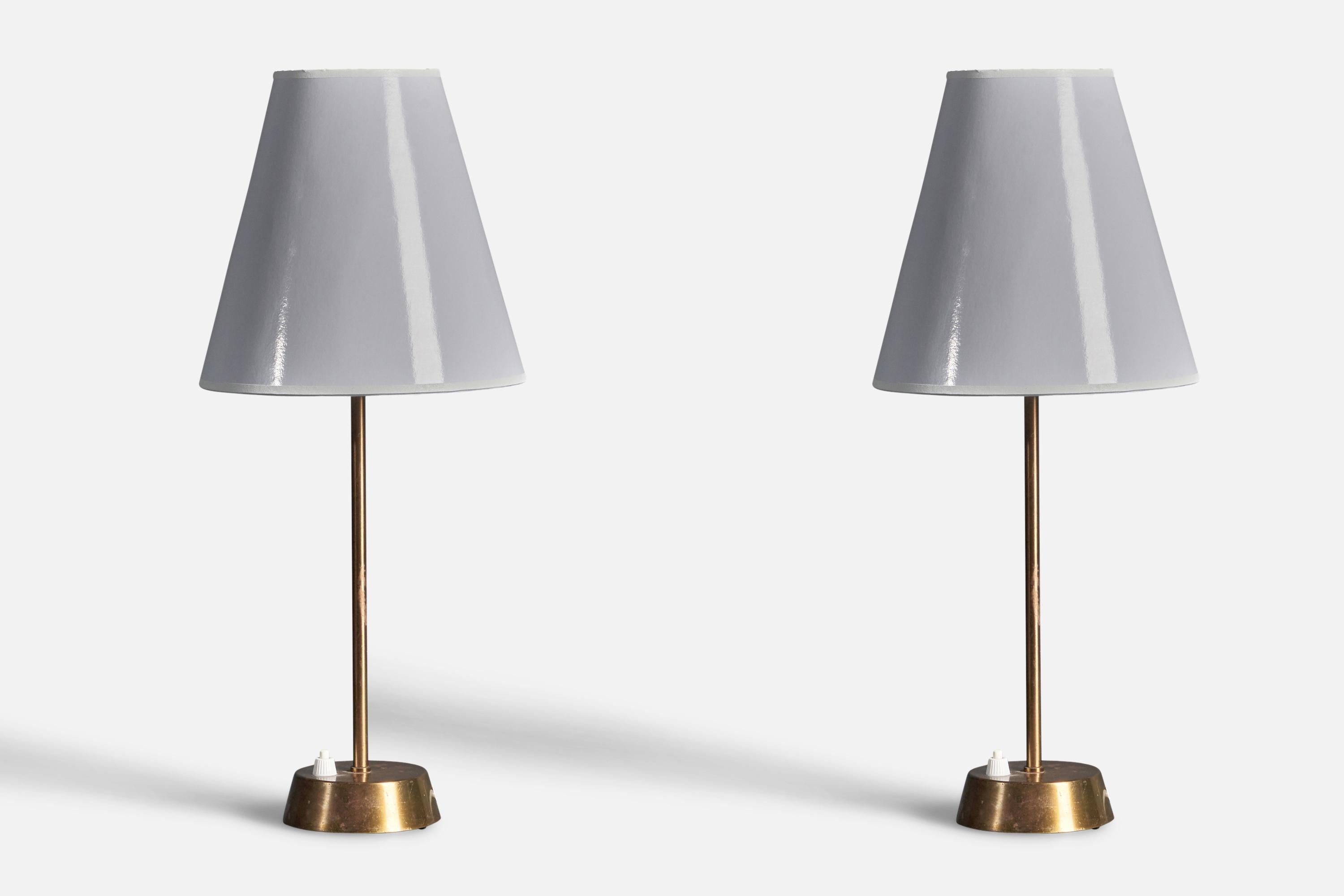 A pair of table lamps / desk lights. Produced by ASEA, 1950s. Features brass. Labeled to underside.

Other designers of the period working in similar style include Hans Bergström, Paavo Tynell, Alvar Aalto, Serge Mouille, and Josef