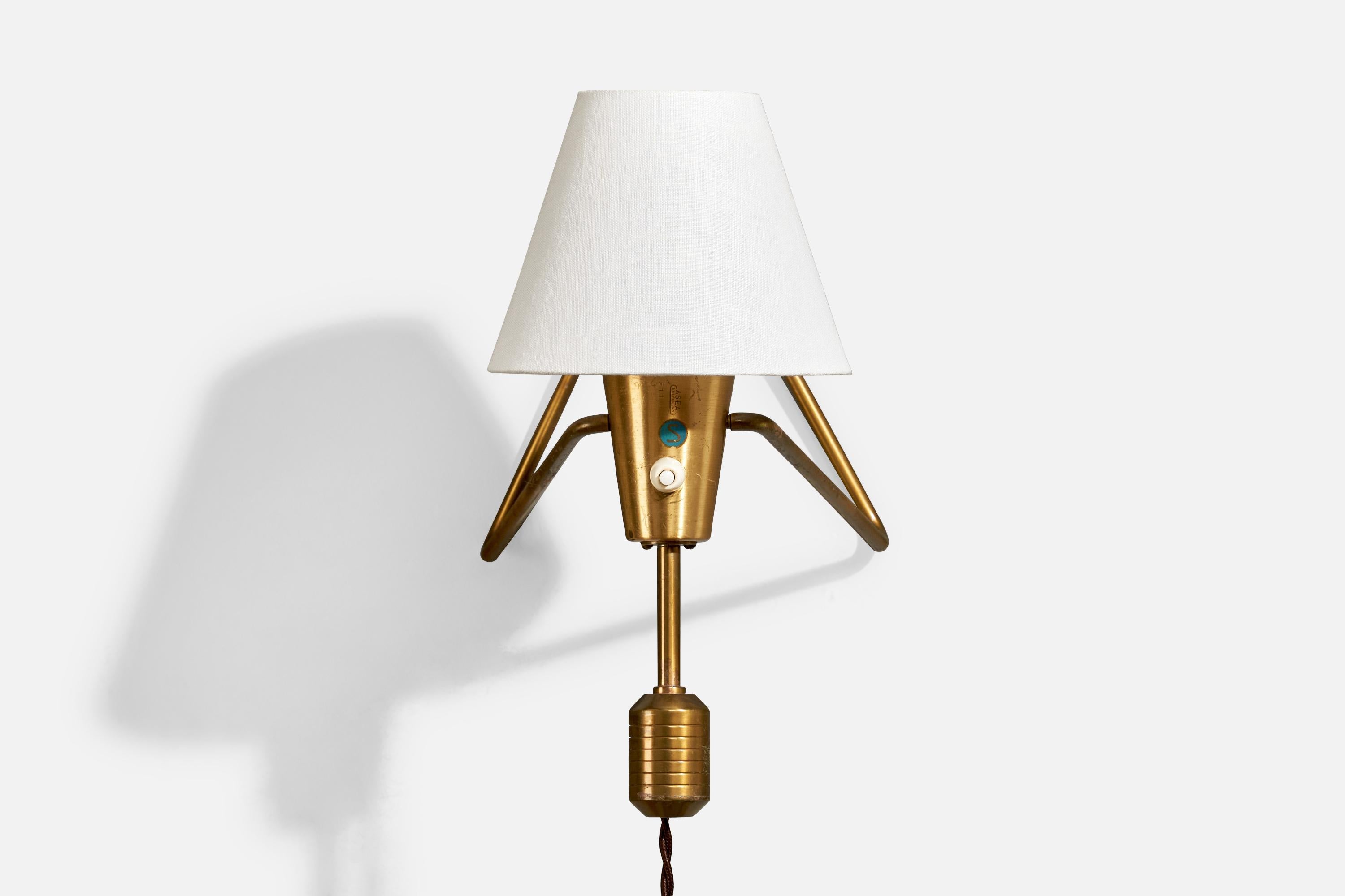 Scandinavian Modern ASEA, Wall Light, Brass, Fabric, Sweden, 1940s For Sale