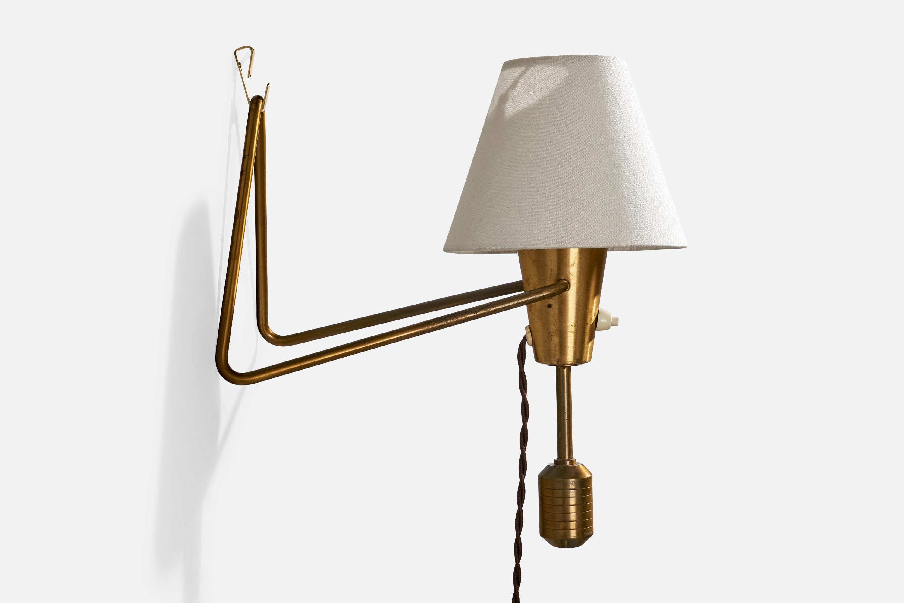 Swedish ASEA, Wall Light, Brass, Fabric, Sweden, 1940s For Sale
