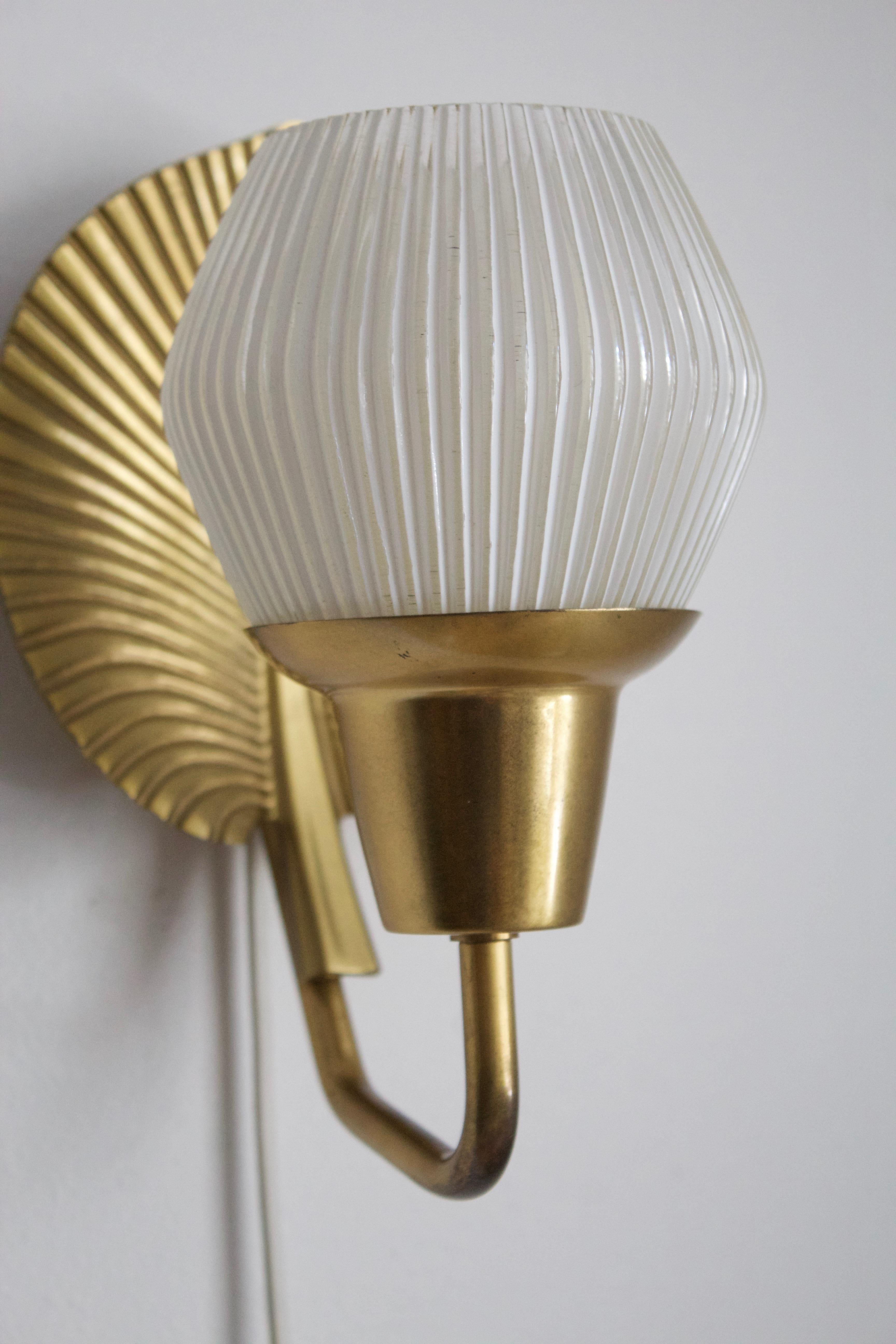 Swedish ASEA, Wall Light, Brass, Fluted and Semi Frosted Glass, Sweden, 1950s