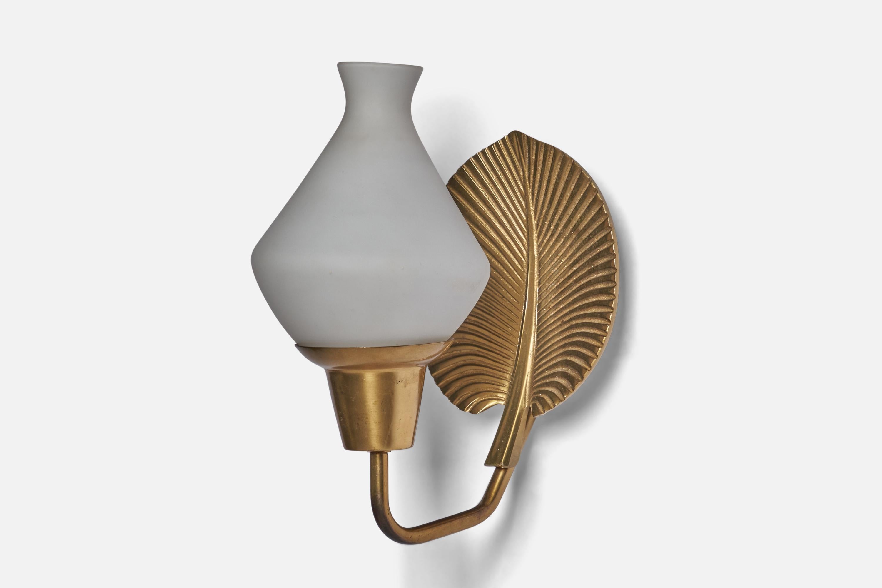 A brass and opaline glass wall light designed and produced by ASEA, Sweden, 1940s.

Overall Dimensions (inches): 11” H x 5.6” W x 8” D
Back Plate Dimensions (inches): 2.75” H x 2.6” W
Bulb Specifications: E-26 Bulb
Number of Sockets: 1
All lighting