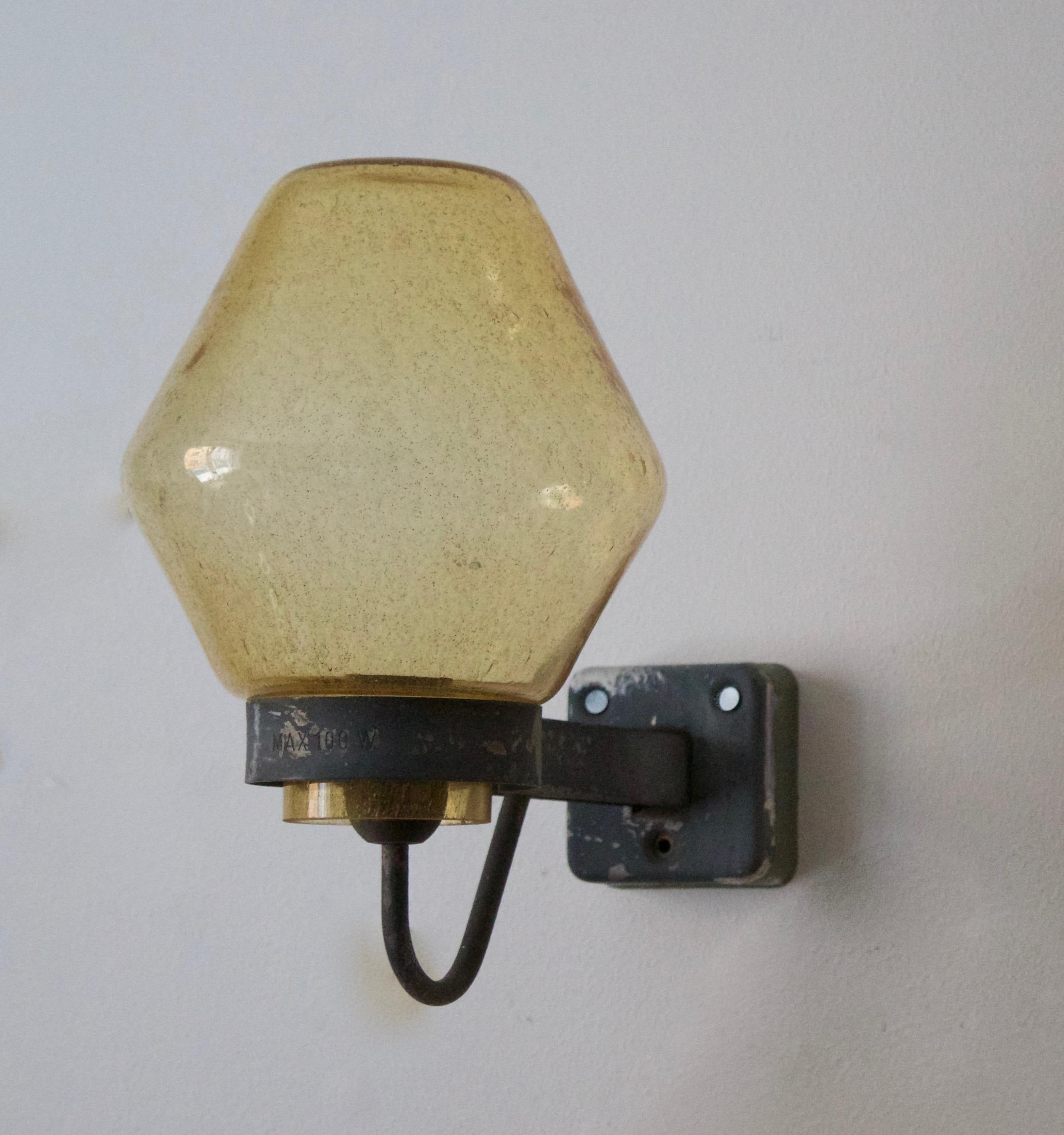 Swedish ASEA, Wall Light, Lacquered Metal, Blown Glass, Sweden, 1940s For Sale