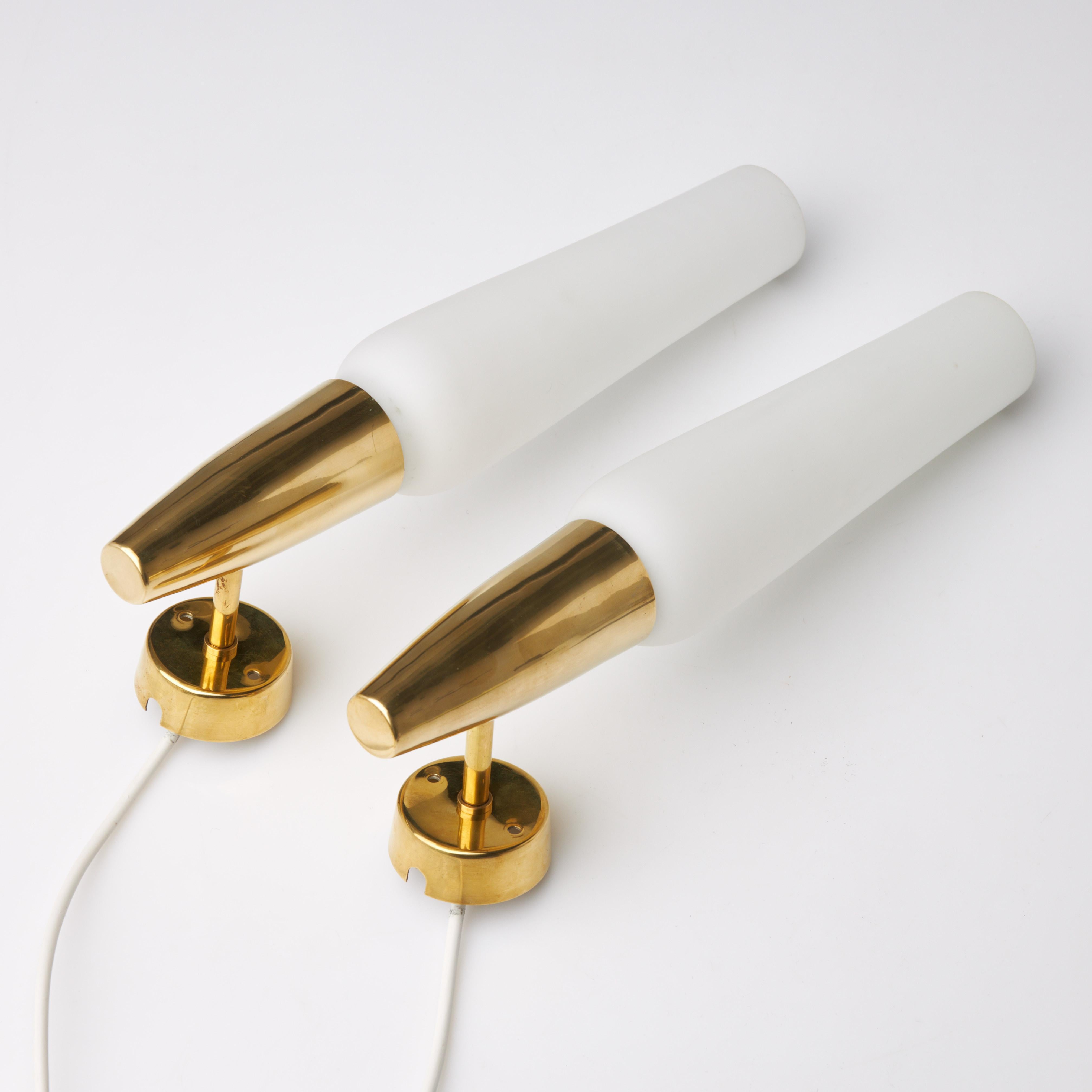 20th Century Asea wall lights a pair in brass and glass Sweden 1960 For Sale