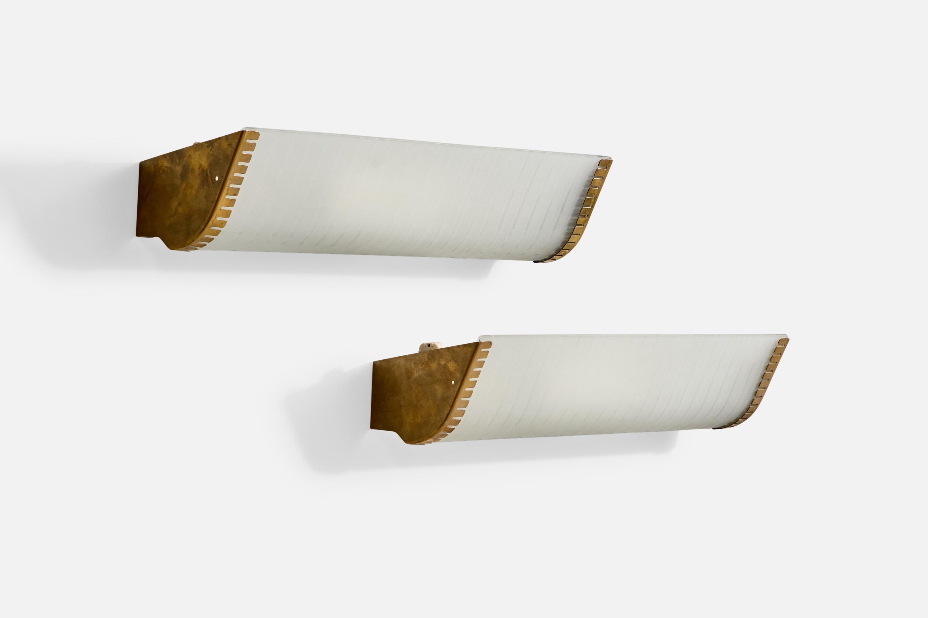 A pair of brass and sand-blasted glass wall light produced by ASEA, Sweden, c. 1940s.

Overall Dimensions (Inches): 6.5