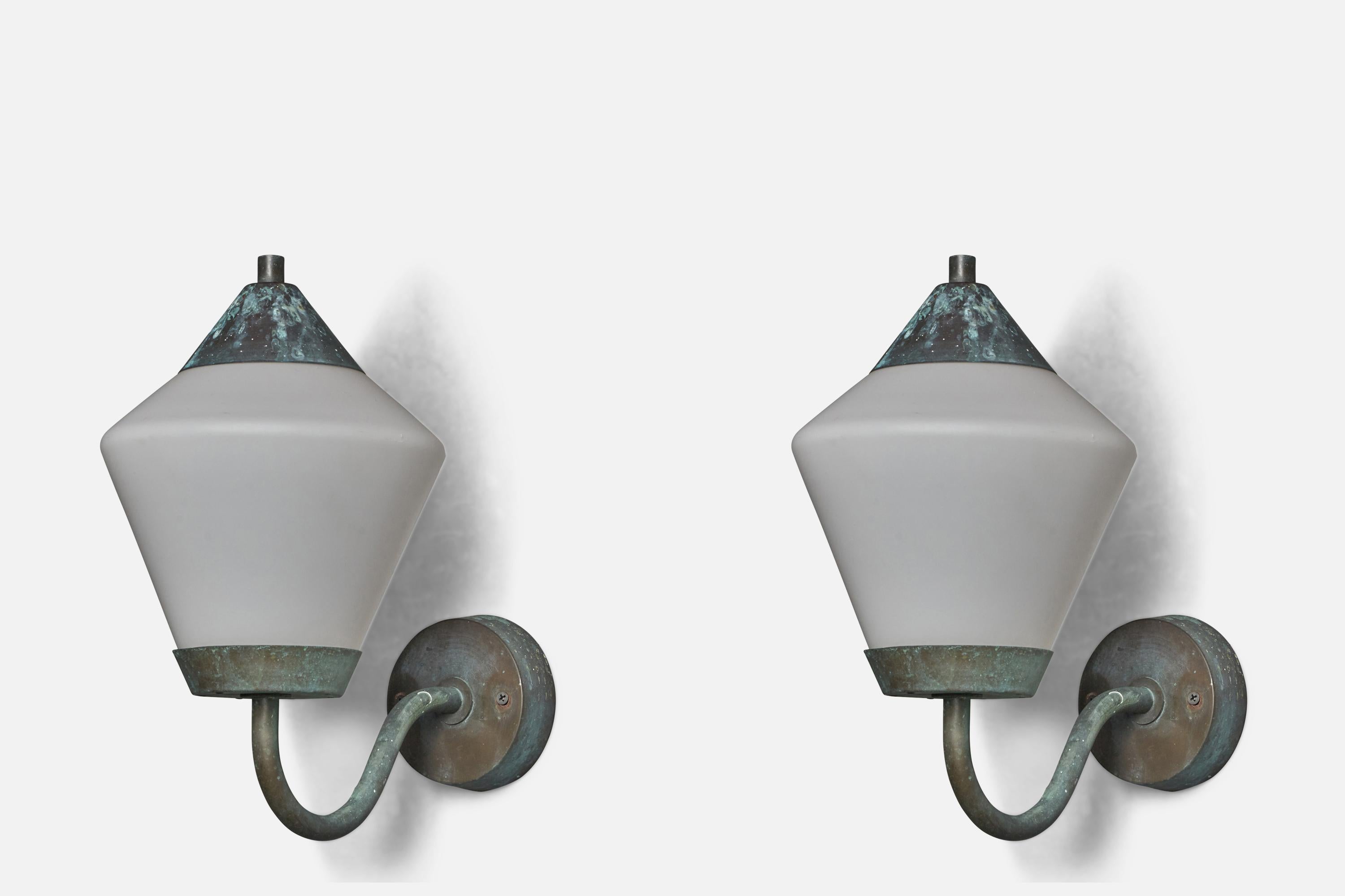 A pair of patinated copper and opaline glass wall lights designed and produced by ASEA, Sweden, c. 1940s.

Overall Dimensions (inches): 13.5” H x 8.5” W x 13” D
Back Plate Dimensions (inches): 4.4” Diameter x 1.25” D
Bulb Specifications: E-26