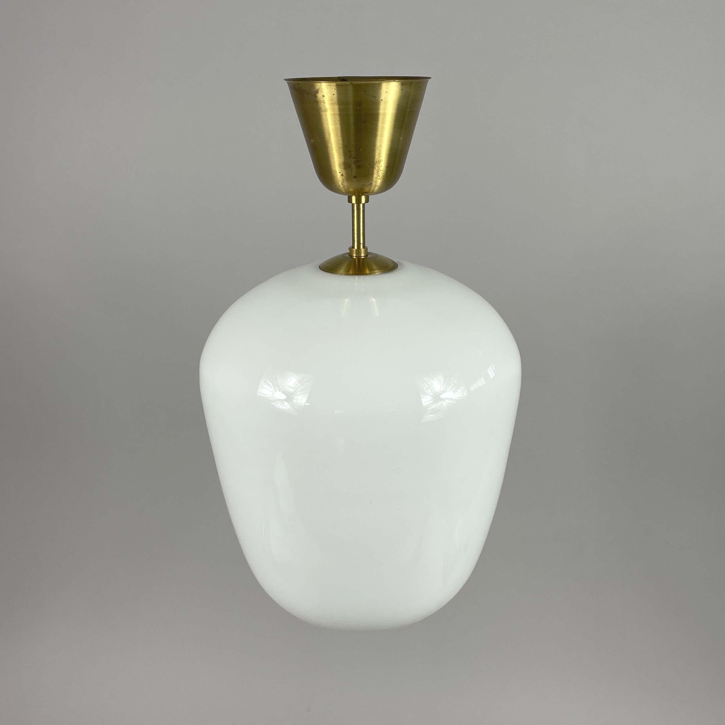 ASEA White Opaline Glass & Brass Pendant, Sweden 1940s For Sale 5