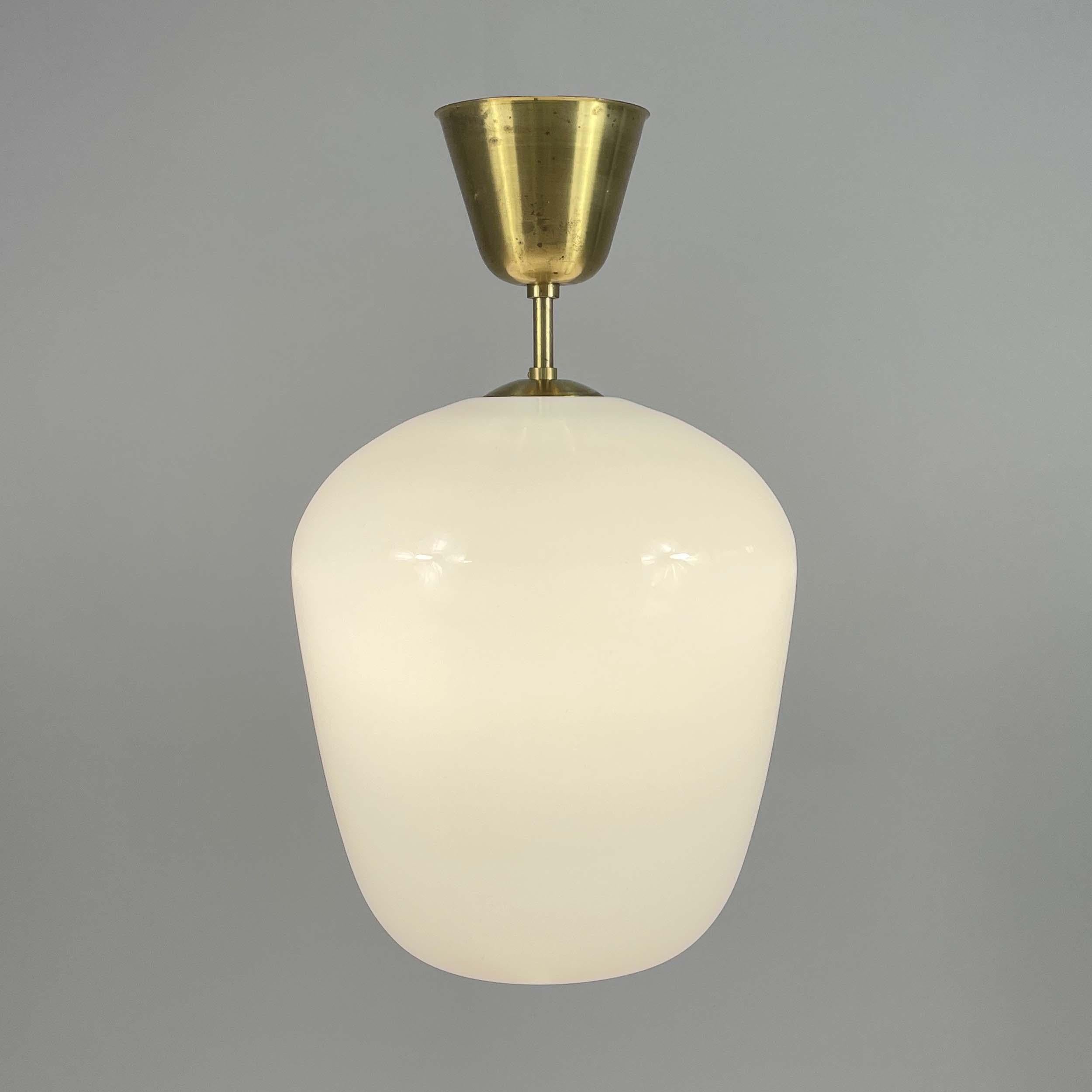 Scandinavian Modern ASEA White Opaline Glass & Brass Pendant, Sweden 1940s For Sale
