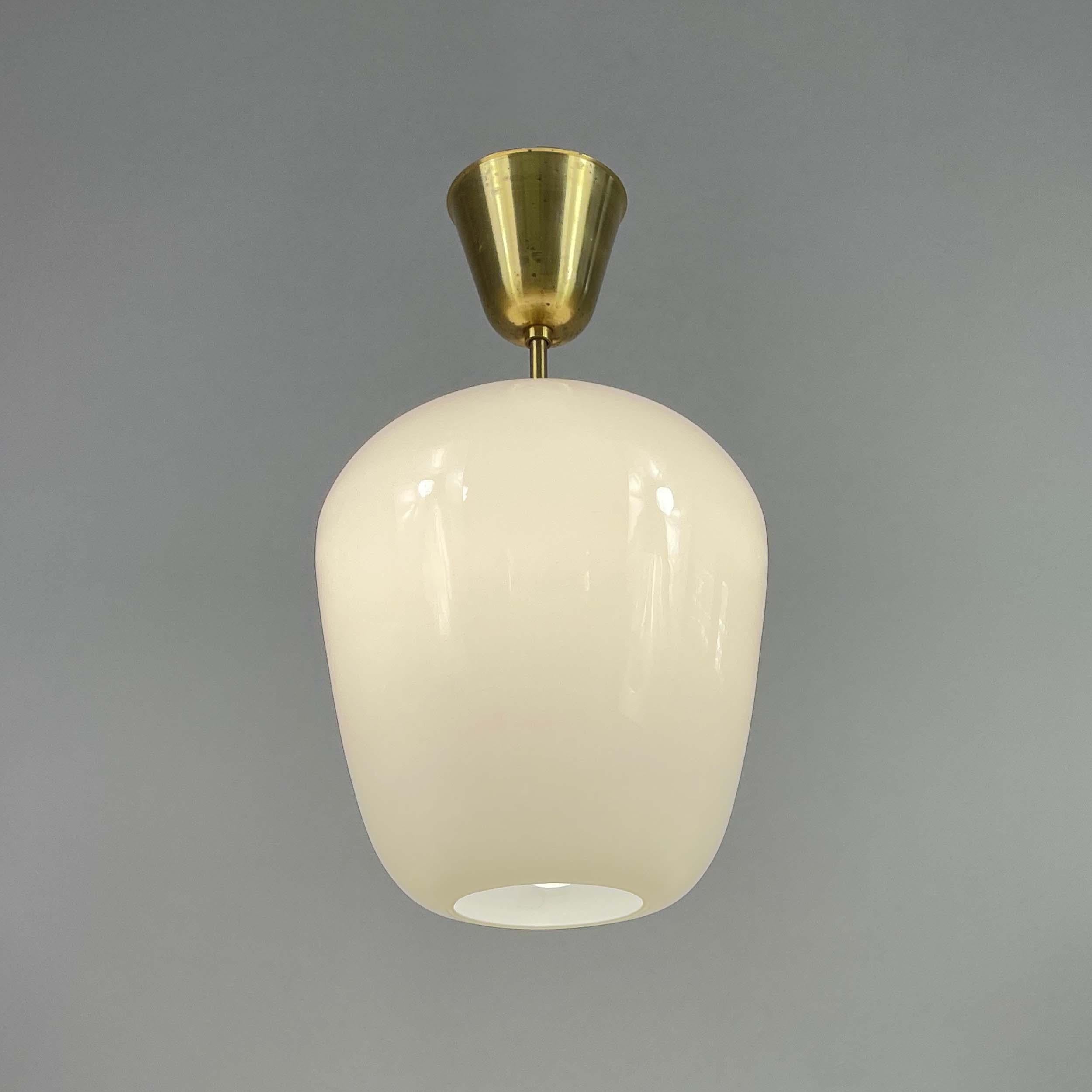 Swedish ASEA White Opaline Glass & Brass Pendant, Sweden 1940s For Sale