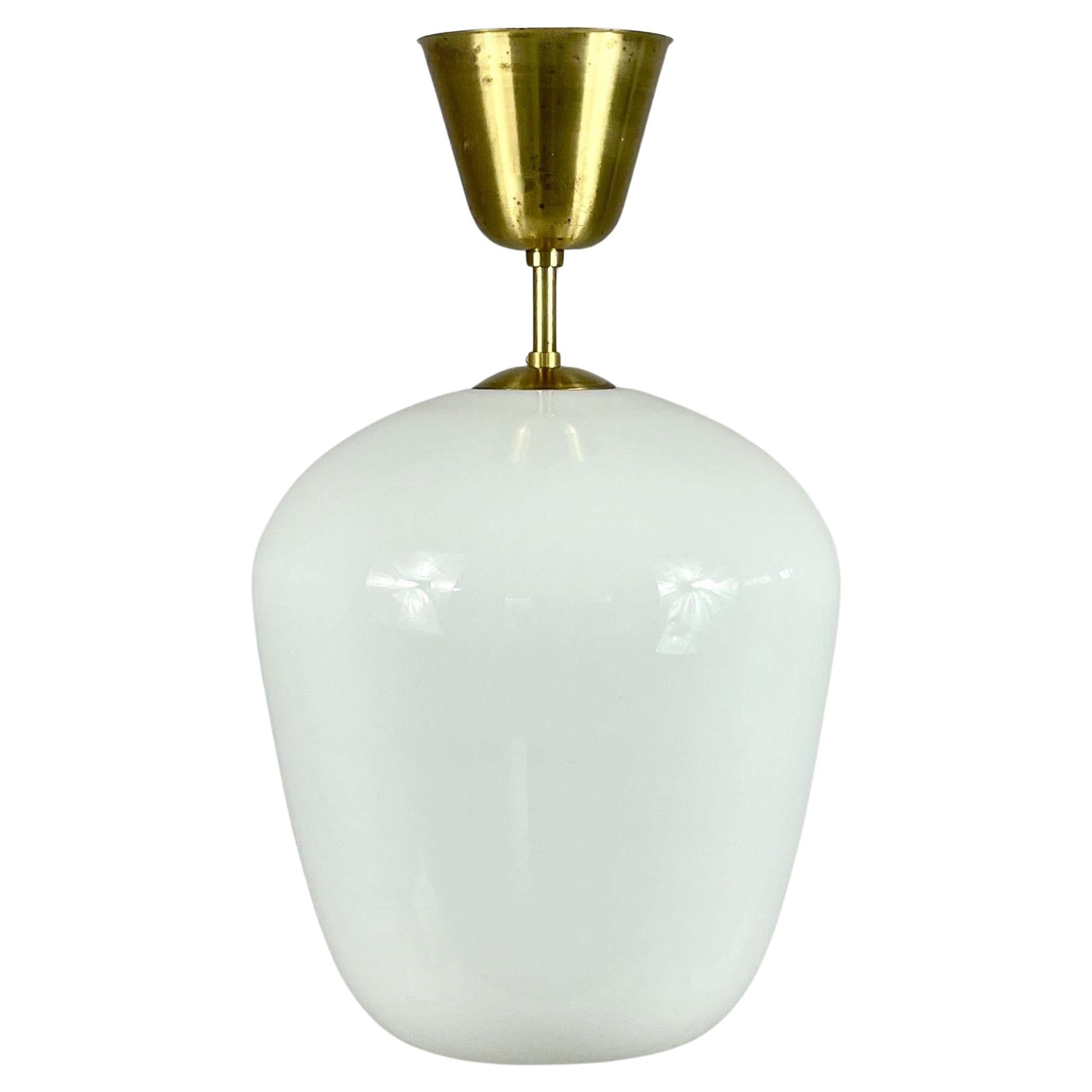 ASEA White Opaline Glass & Brass Pendant, Sweden 1940s For Sale