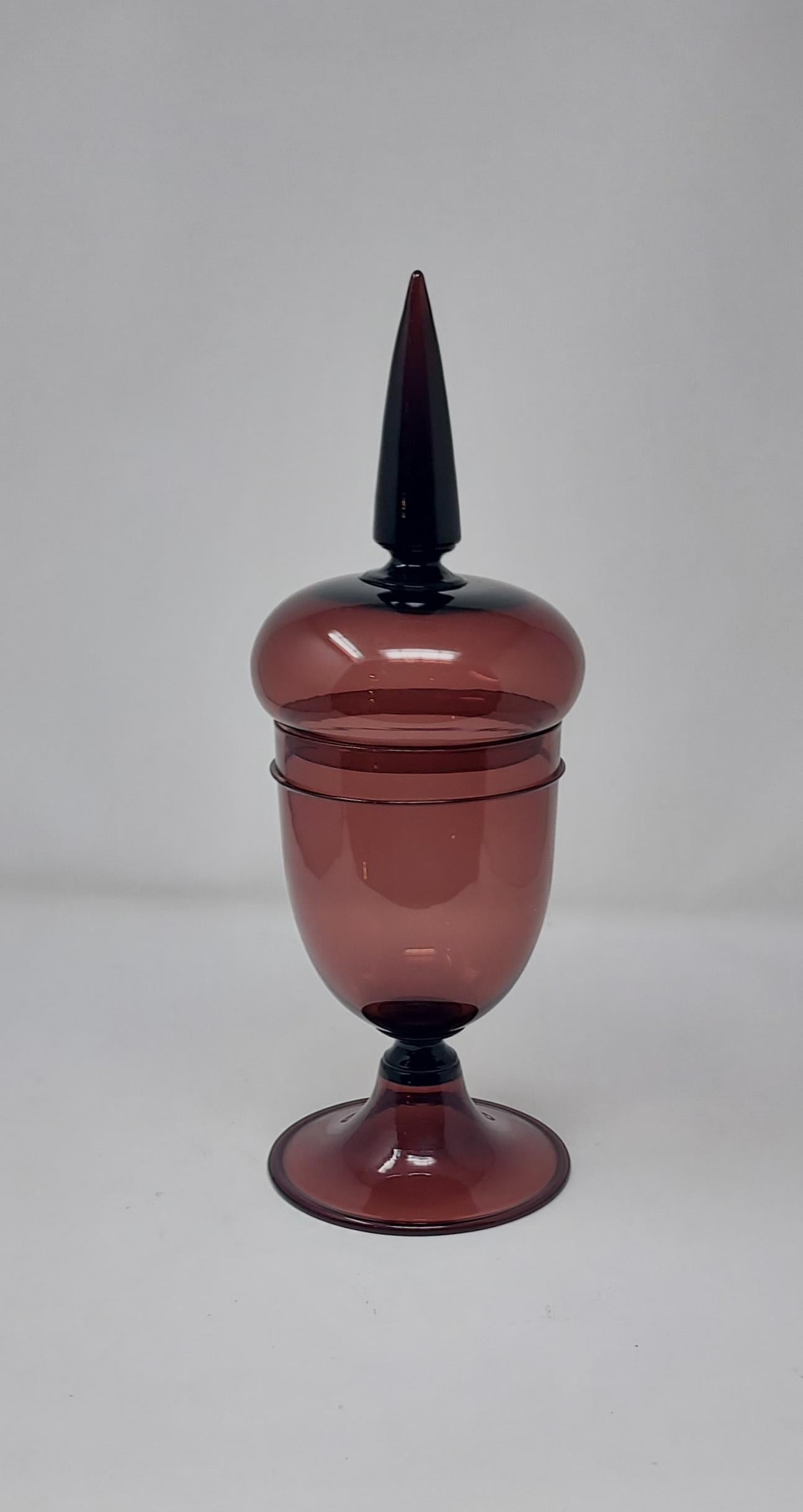 Paolo Venini's 18th century enspired  apothecary jars, Compotes. Model 4740 (red): 46 cm high with acid stamp signature and original papèr label. Model 4742 (grey): 46 cm high. Model 4744 (purple): 21 cm high with acid stamp signature. Venini 1959.