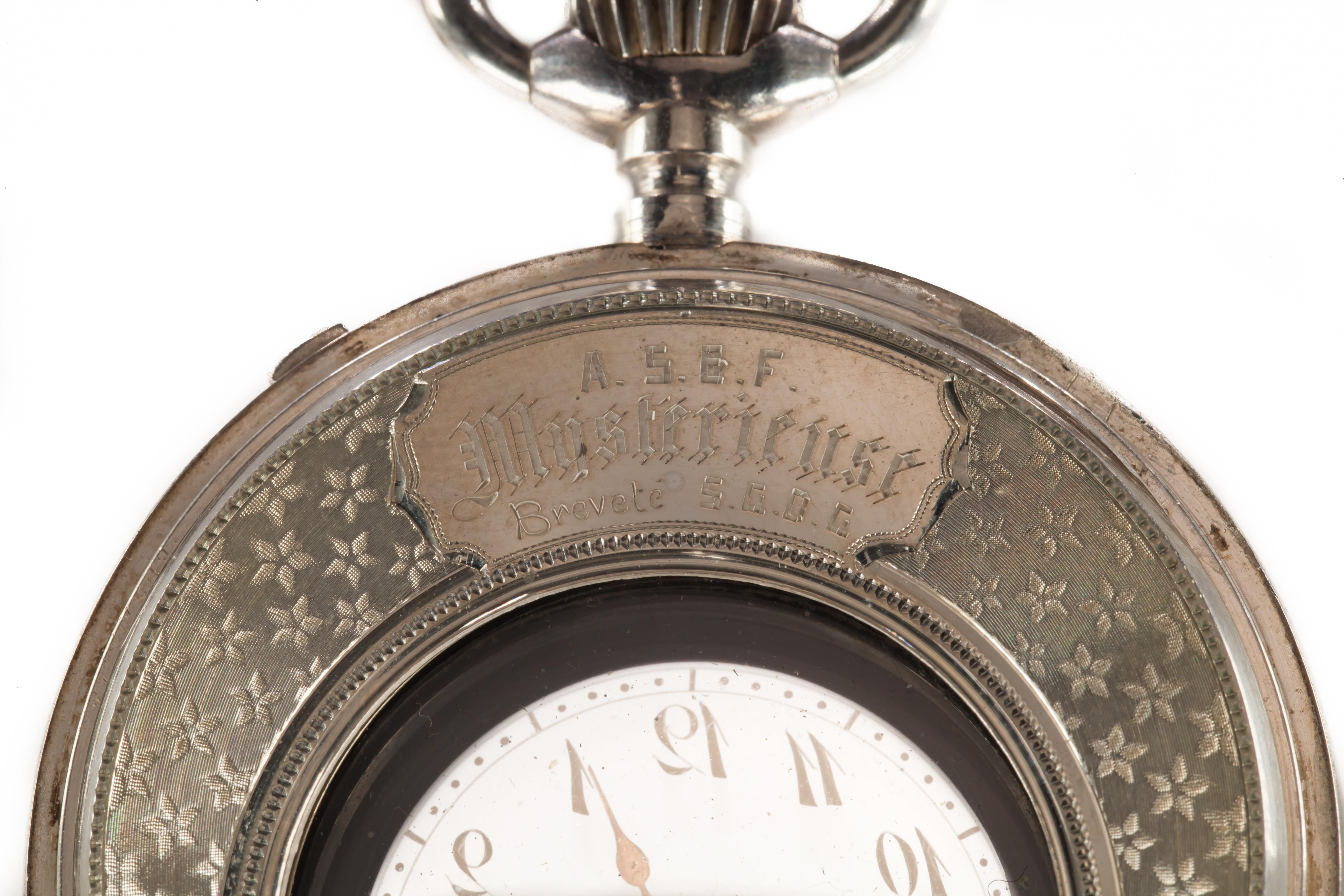 AS&F Silver Mysterieuse Pocket Watch with Transparent Dial and Silver Chain In Good Condition For Sale In Sherman Oaks, CA