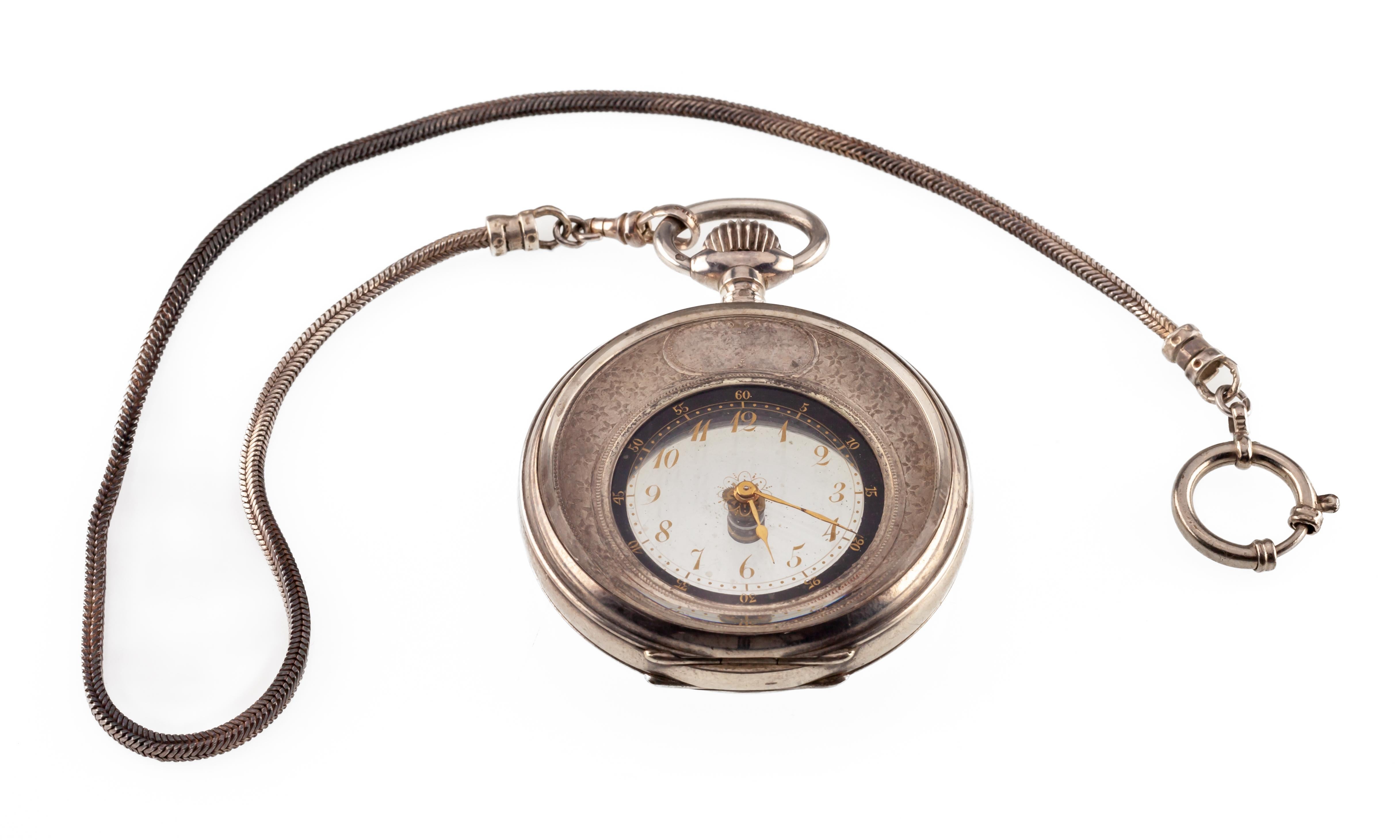 Men's AS&F Silver Mysterieuse Pocket Watch with Transparent Dial and Silver Chain For Sale