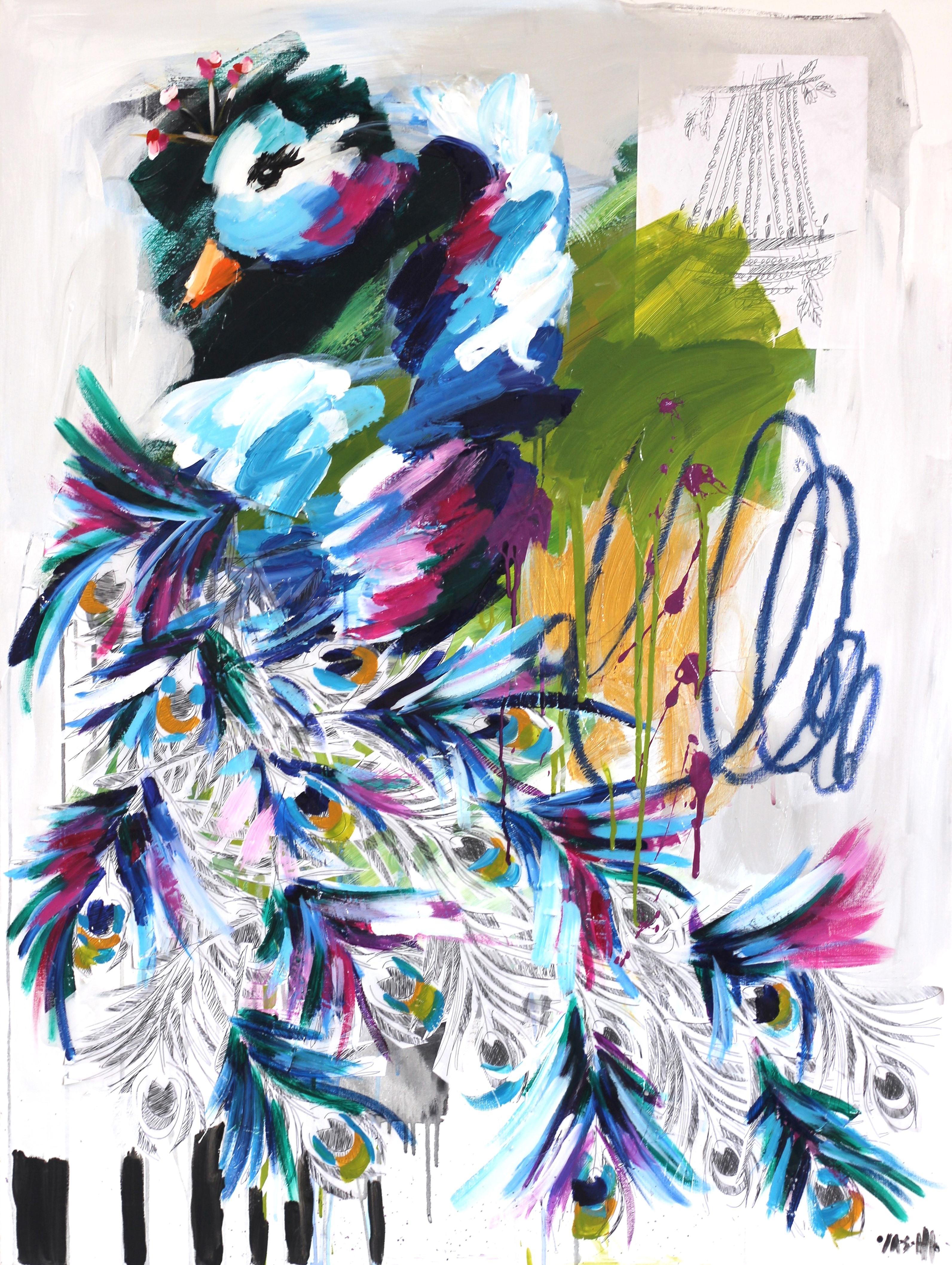 A New Beginning - Colorful Abstract Figurative Textural Peacock Painting