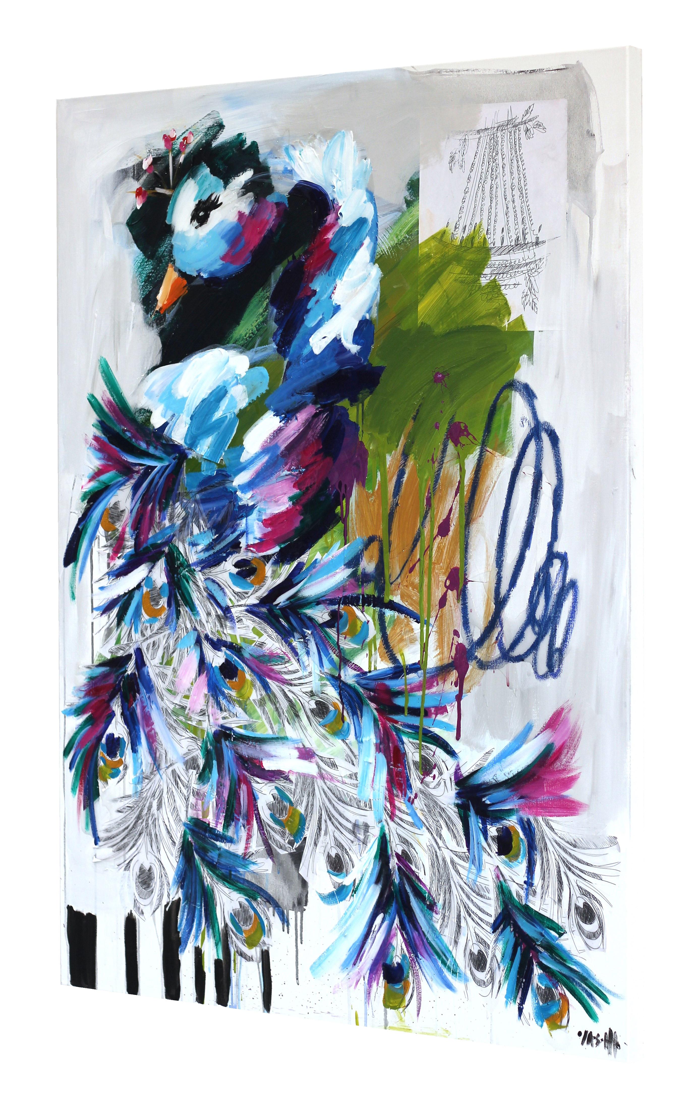 A New Beginning - Buntes abstraktes figuratives strukturiertes Pfauengemälde mit Figurativem Textur (Grau), Animal Painting, von Ash Almonte