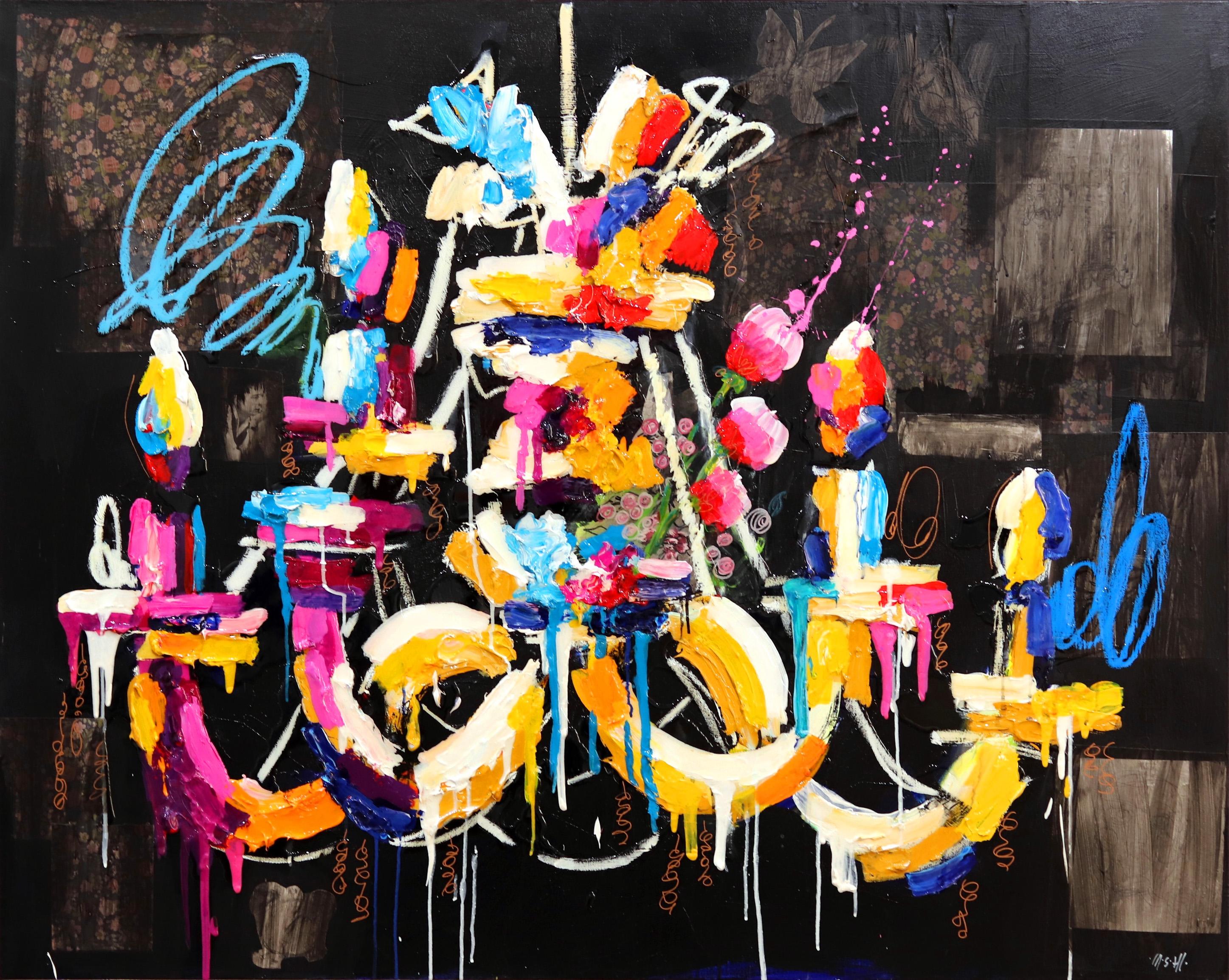 Bloom Even In Darkness - Großes farbenfrohes, strukturiertes Kunstwerk aus Acrylharz auf Leinwand – Mixed Media Art von Ash Almonte