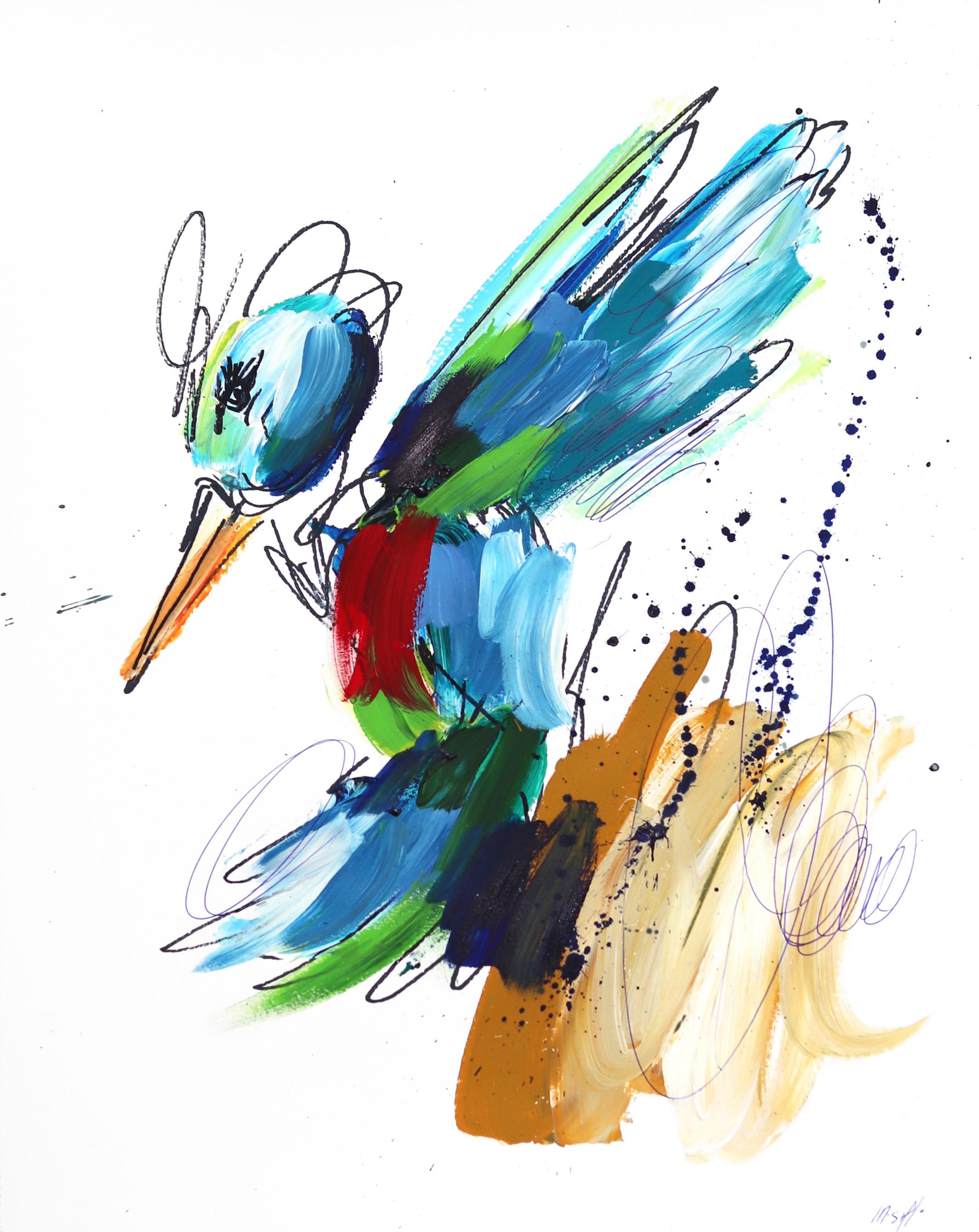 Marineblauer Hummer-Splatter - Abstrakt-expressionistischer Hummingbird- Papinting auf Papier