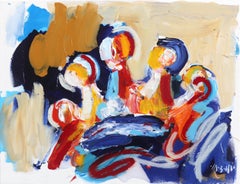 Red Orange Yellow Blue Crown - Textural Acrylic Resin Painting on Canvas