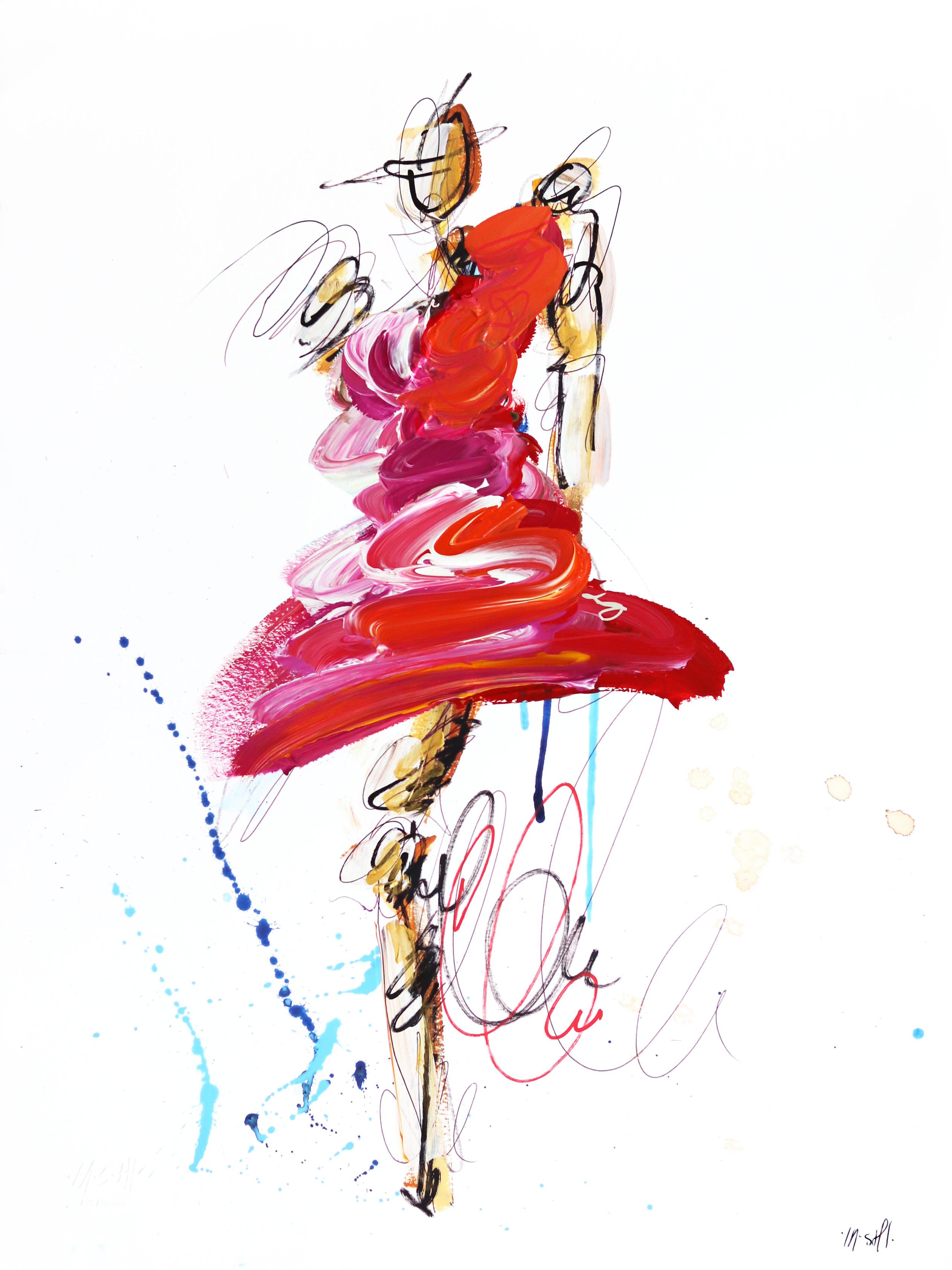 Red Swirl Yellow Dress Figure - Mixed Media Art by Ash Almonte
