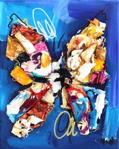 Small Works Blue White Swirl - Abstract Textural Butterfly Painting on Canvas