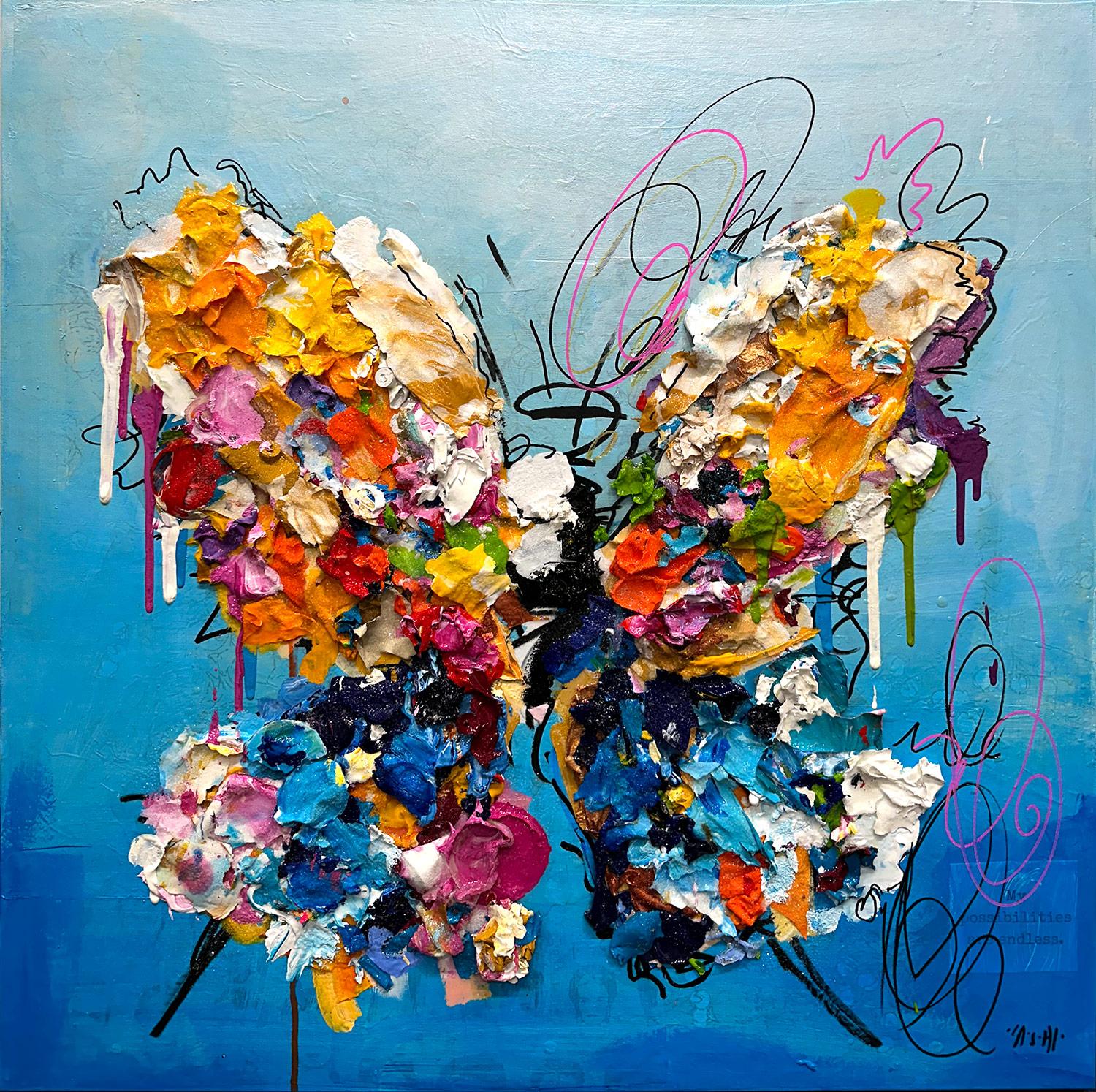 Ash Almonte Figurative Painting - "Bright as the Blue Sky" Colorful Abstract Butterfly Painting Acrylic on Canvas