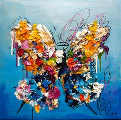« Bright as the Blue Sky », peinture abstraite colorée de papillons, acrylique sur toile