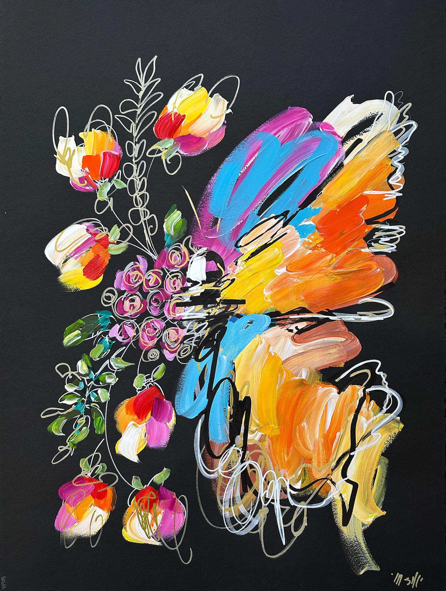 Ash Almonte Figurative Painting - "Butterfly Garden" Colorful Abstract Painting Acrylic on Stonehenge Paper