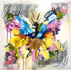 « I Rise by Lifting Others », peinture abstraite colorée de papillons sur toile acrylique