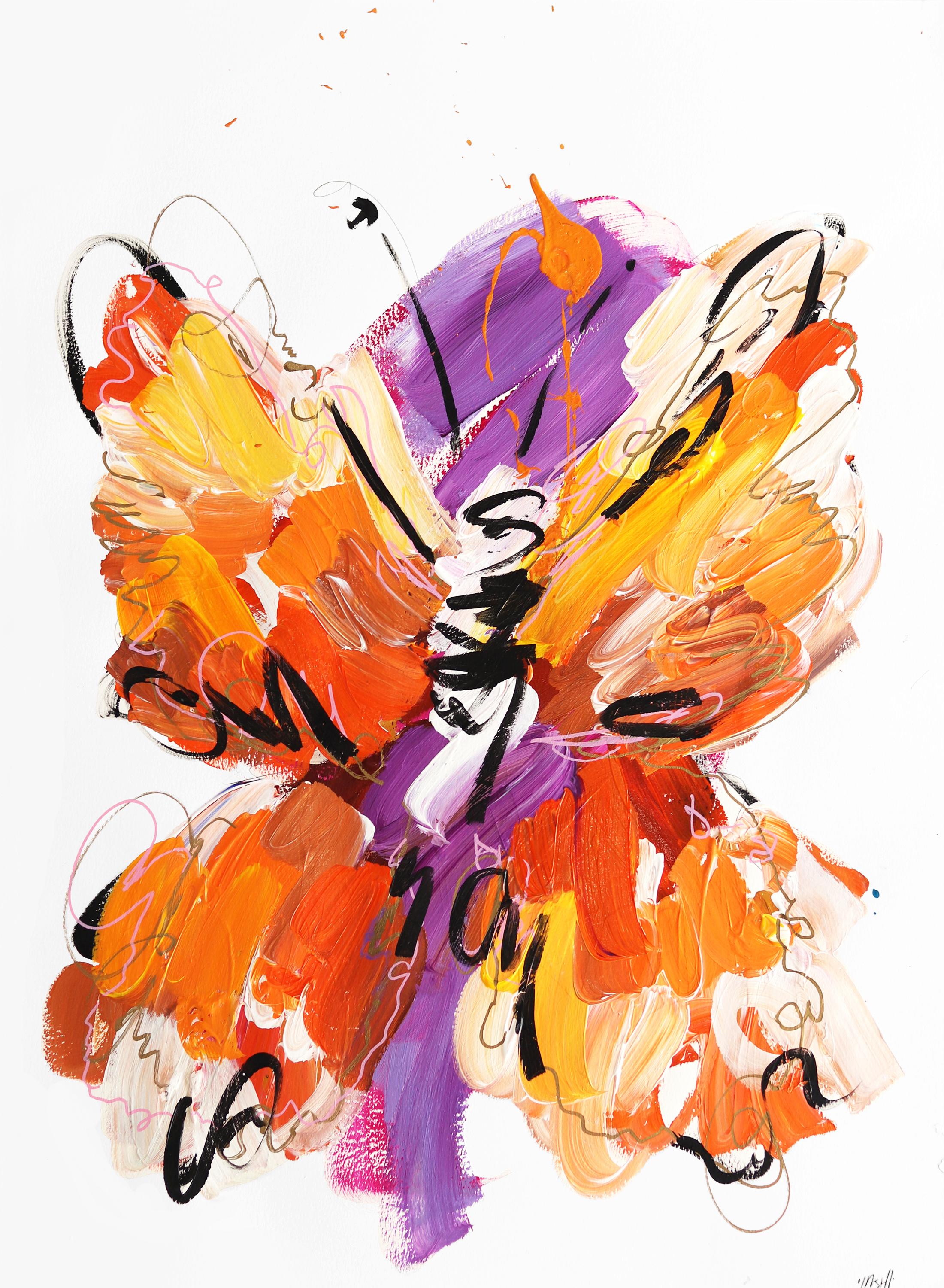 Orangefarbener Schmetterlingswirbel in Lila  -  Abstraktes, strukturiertes Gemälde auf Archivpapier