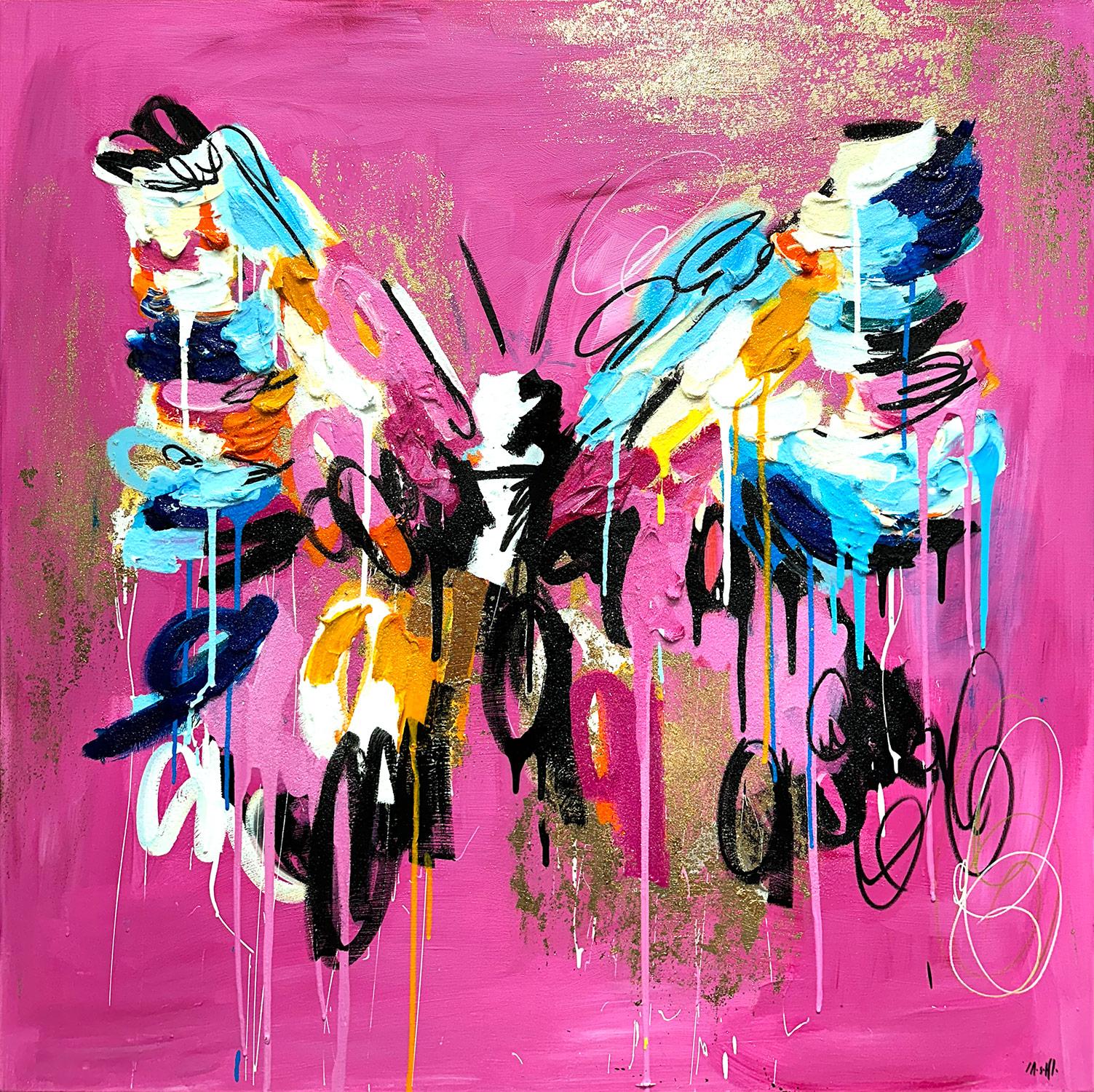 Ash Almonte Figurative Painting - "Pink Is My New Obsession" Dynamic Abstract Butterfly Painting Acrylic on Canvas