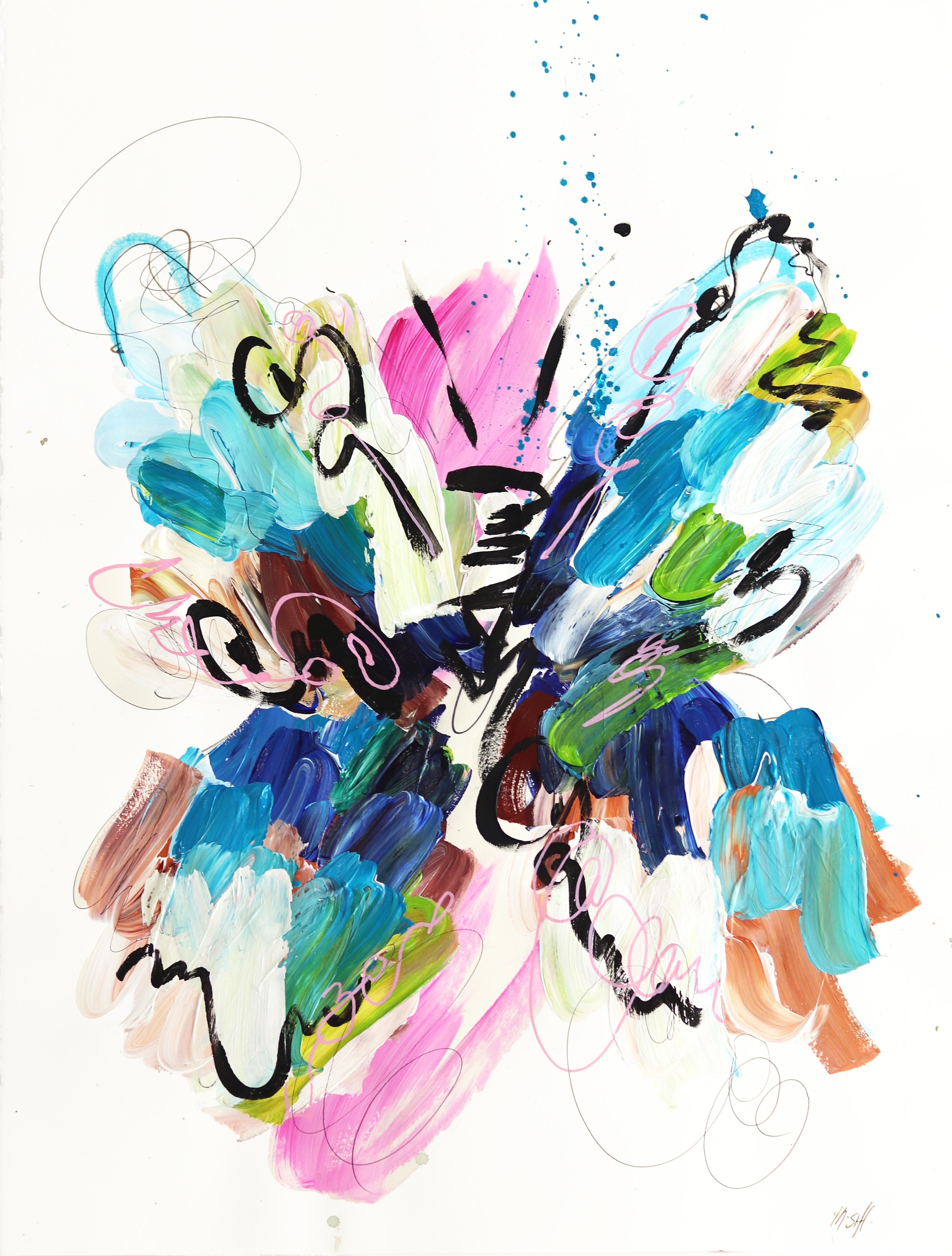 Butterfly rose tourbillonnant bleu  -  Peinture texturée abstraite sur papier d'archives