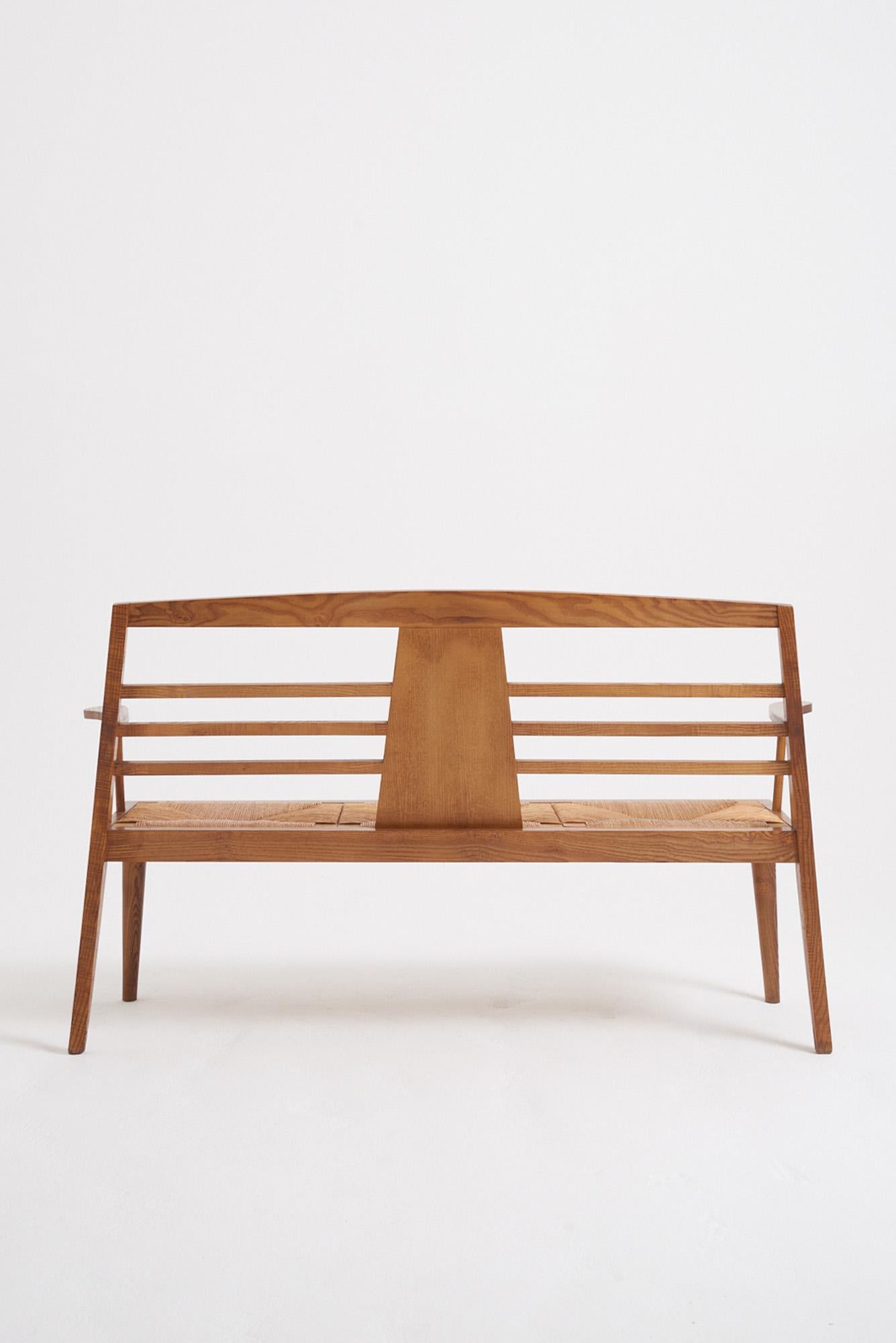 French Ash and Rush Bench For Sale