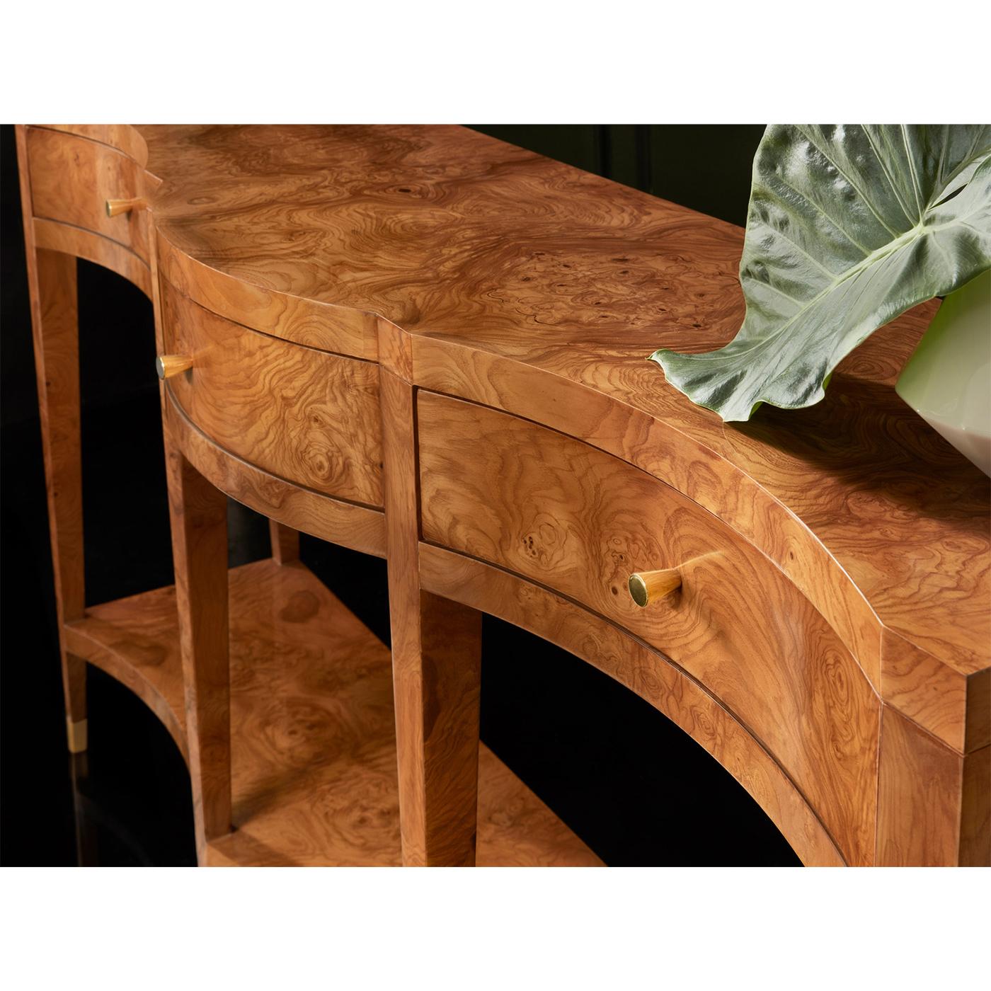 Asian Ash Burl Curved Console Table For Sale