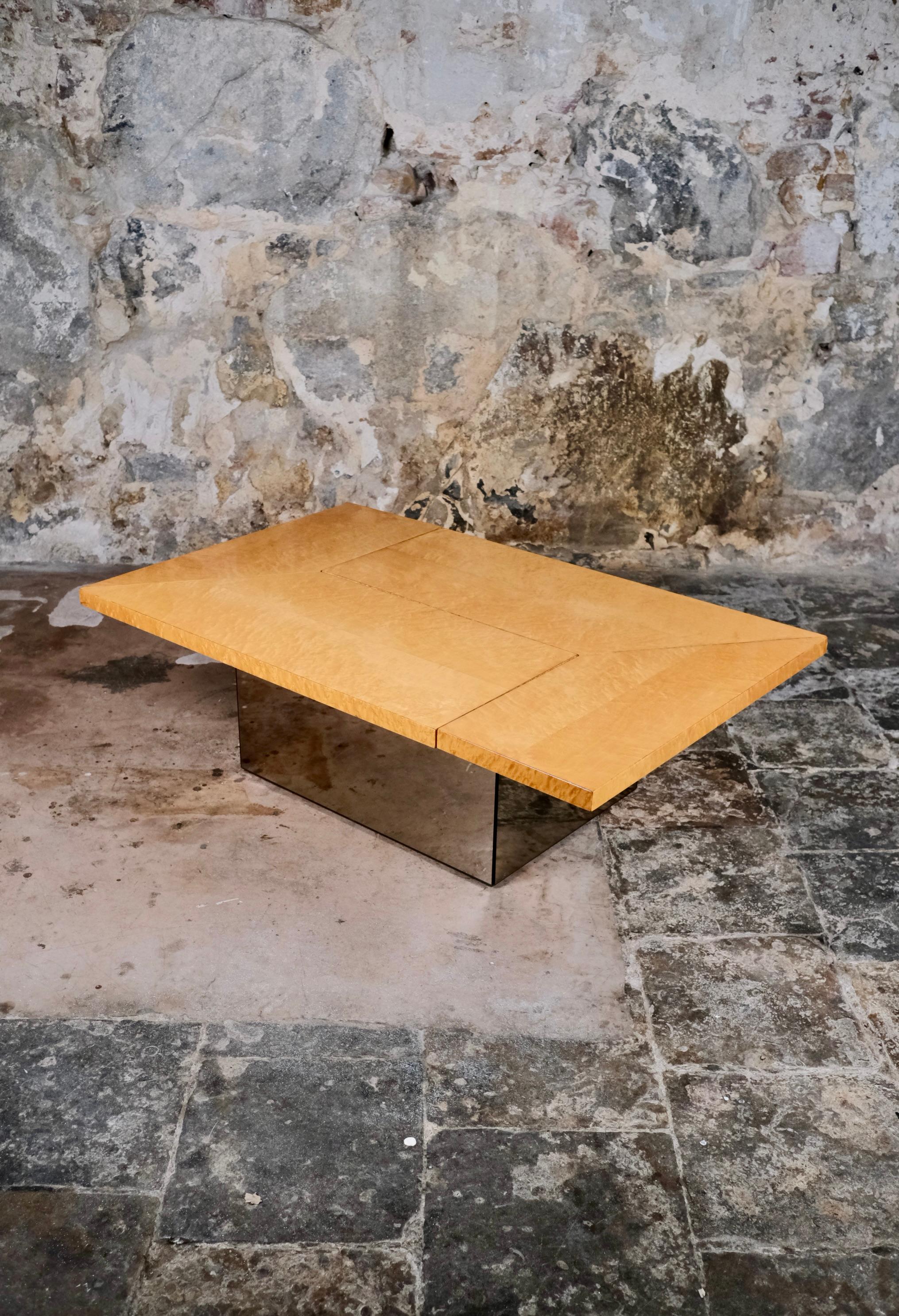 Mid-Century Modern Ash burl wood coffee table with bar by Paul Michel for Roche Bobois, 1980s For Sale