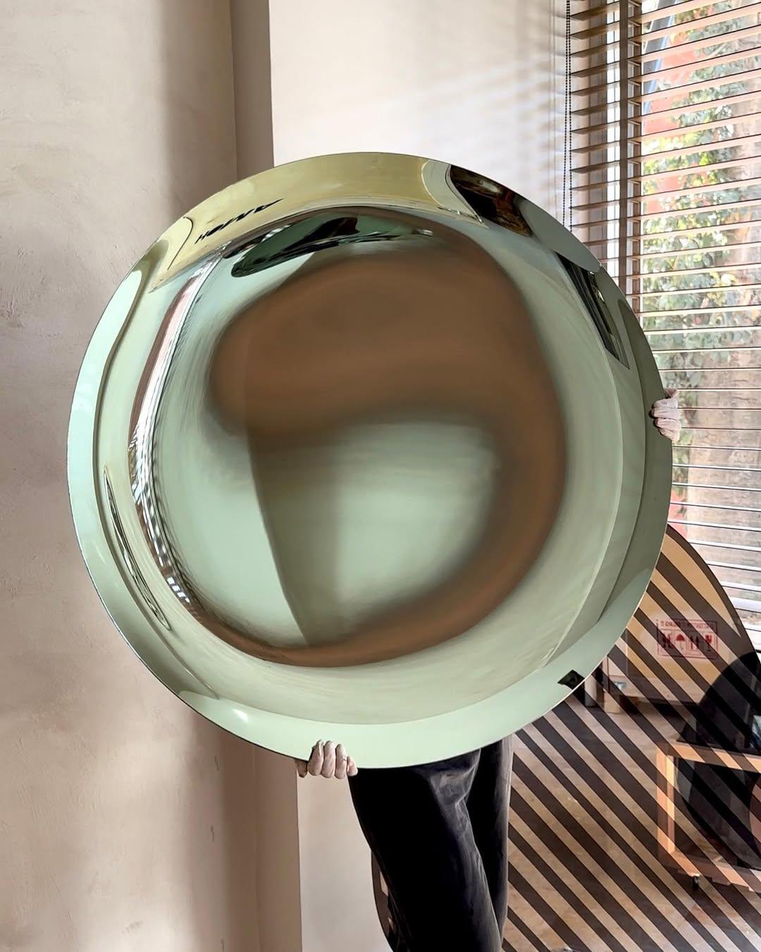 Contemporary Ash Convex Sculptural Silver and Glass Mirror by Homa For Sale
