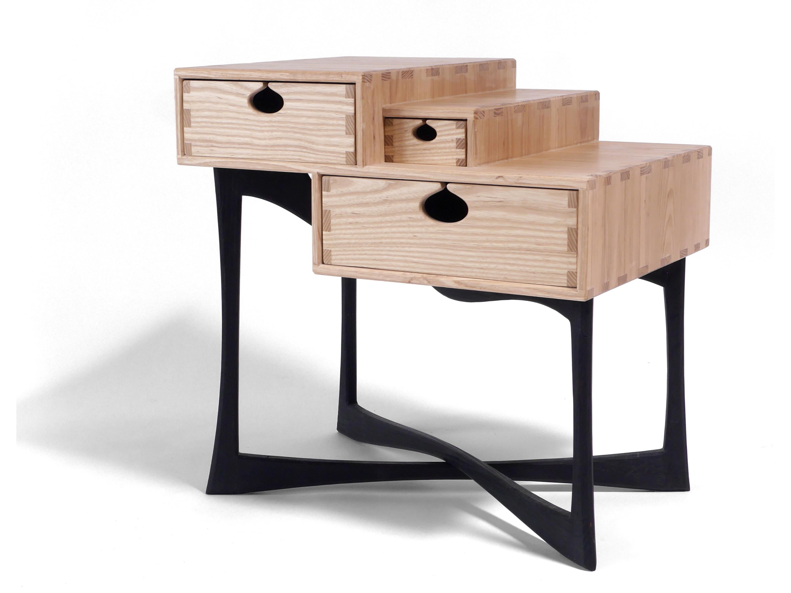 American Ash Coriolis Side Table with Burnt Legs, Three Drawer Nightstand / End Table For Sale