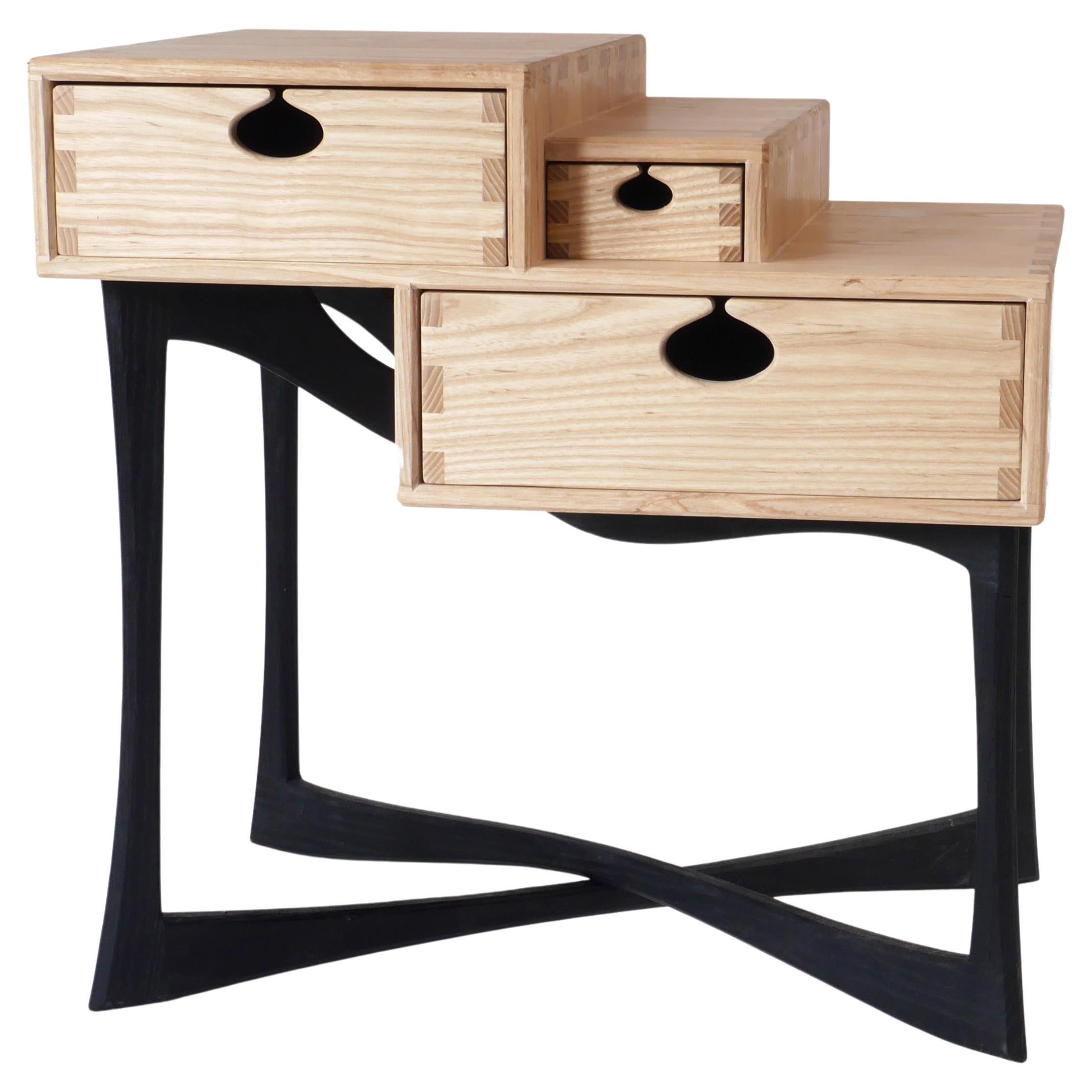 Ash Coriolis Side Table with Burnt Legs, Three Drawer Nightstand / End Table For Sale