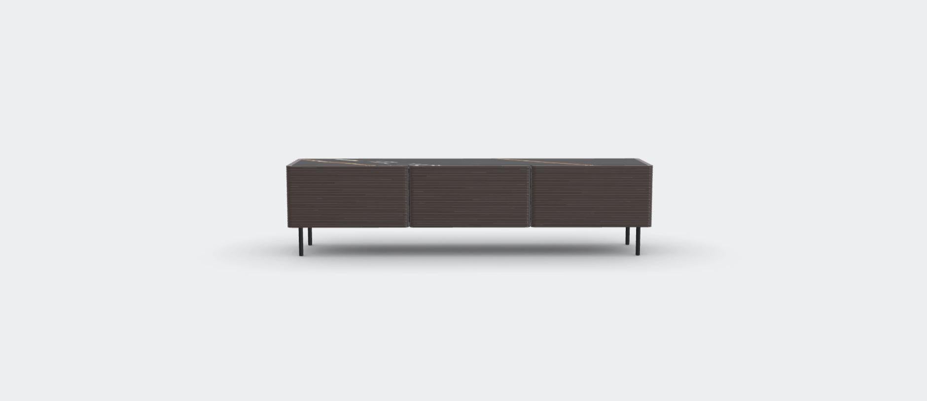 En frêne foncé Sahara Noir Waves M de Milla & Milli
Signé par Maša Vukmanović, Jelena Lukač Kirš, Jakov Šrajer.
Dimensions : L 180 x D 47 x H 45 cm 
MATERIAL : Frêne foncé, métal noir, marbre Sahara Noir. 


Buffet Waves :
Contrairement à sa taille