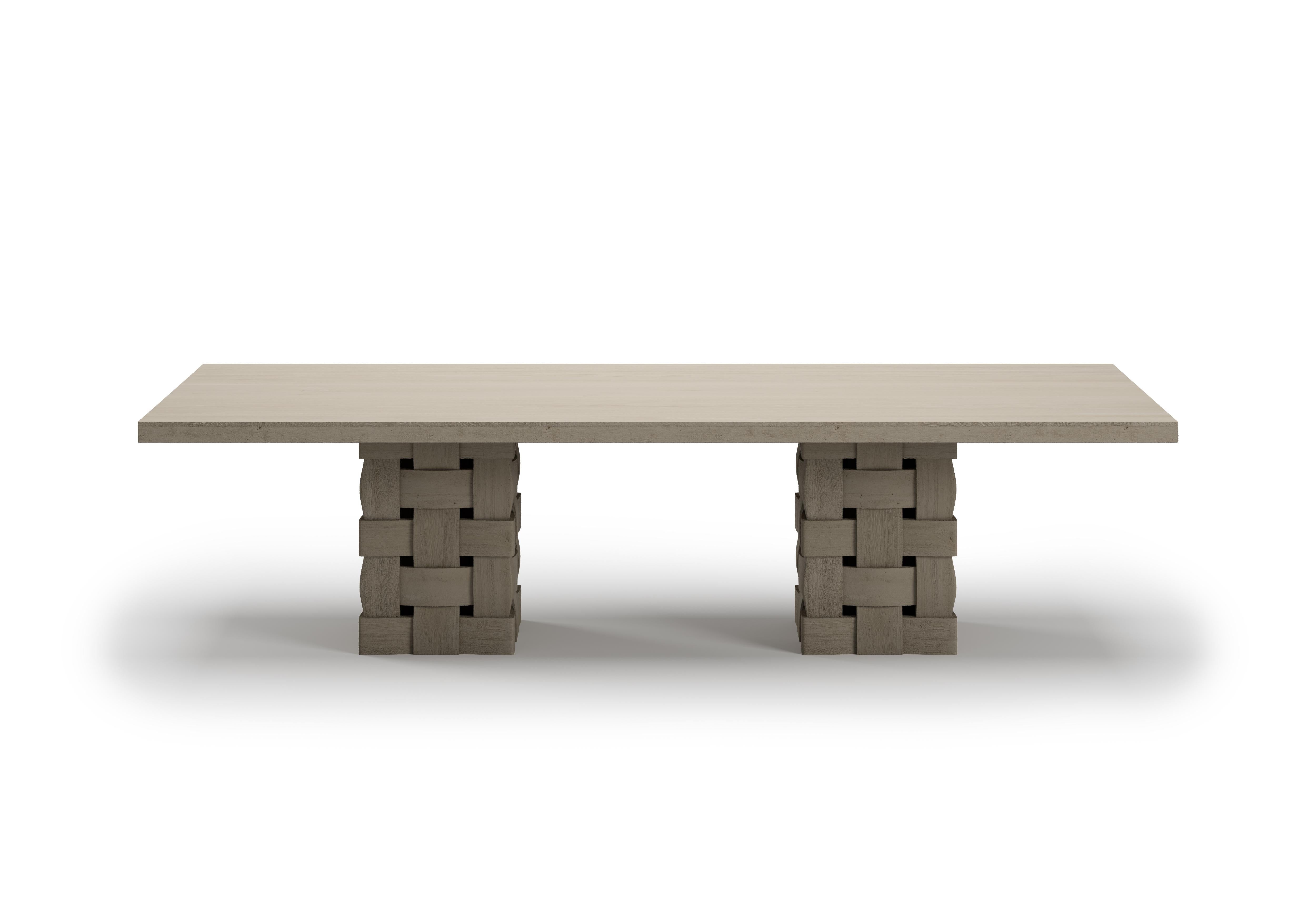 Ash Dune Dining Table by SNOC
Dimensions: W 300 x D 120 x H 75 cm.
Materials: Teak Wood, Ceramic. 


The Dune-ash Collection is shaped by architectural design principles, creating an aesthetic balance with Teak weave details and a strong design