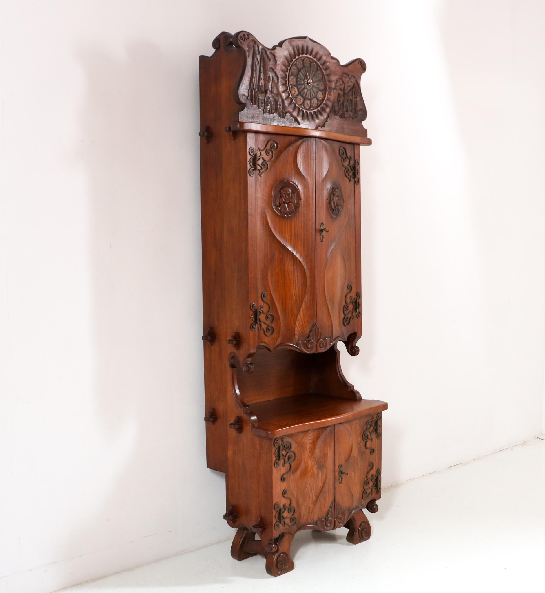 Dutch Ash Gothic Revival Cupboard with Integrated Clock, 1950s For Sale