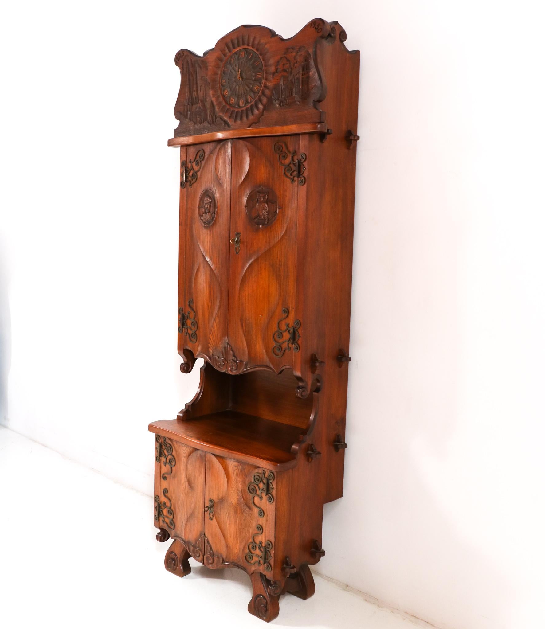 Mid-20th Century Ash Gothic Revival Cupboard with Integrated Clock, 1950s For Sale