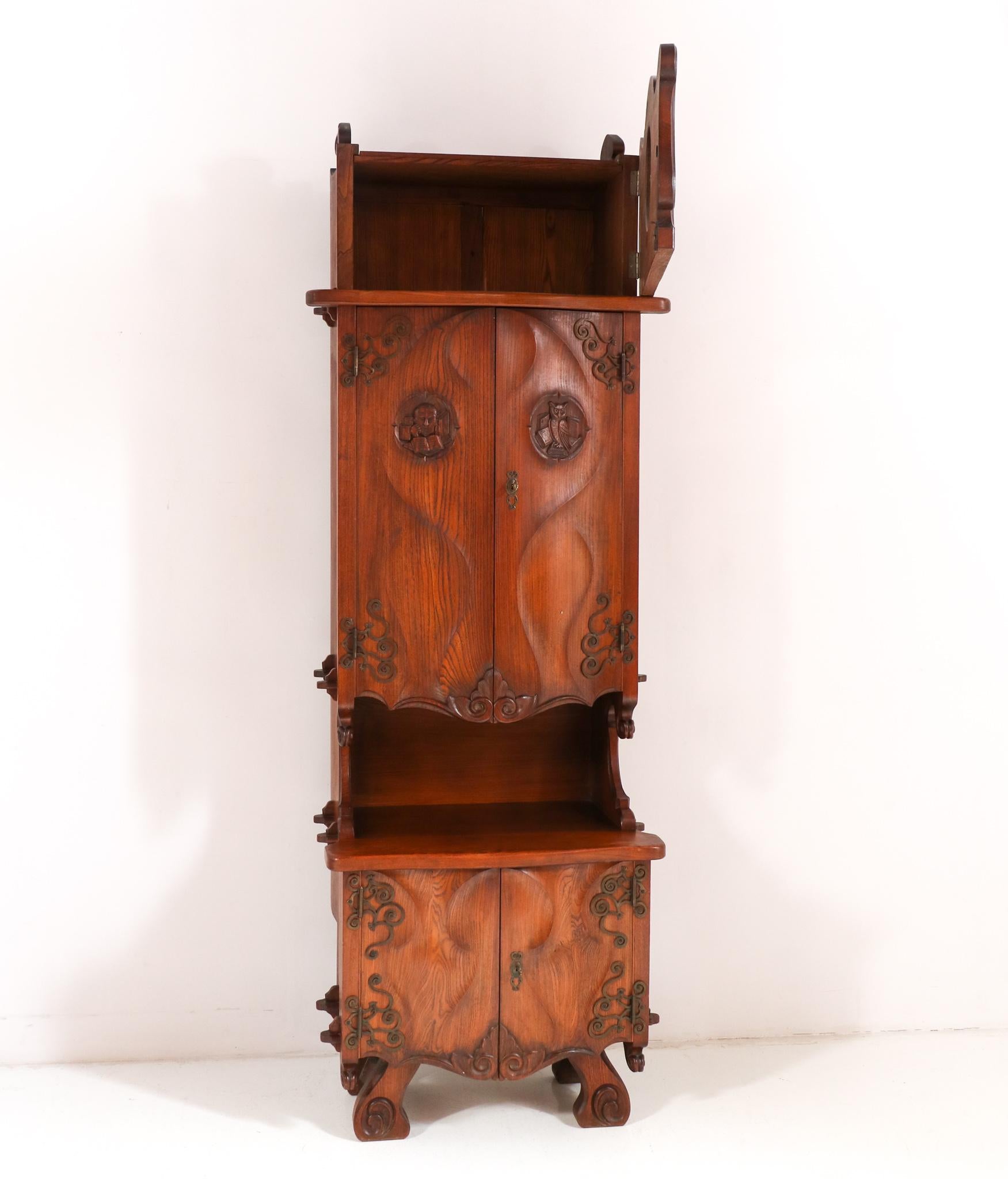 Ash Gothic Revival Cupboard with Integrated Clock, 1950s For Sale 1