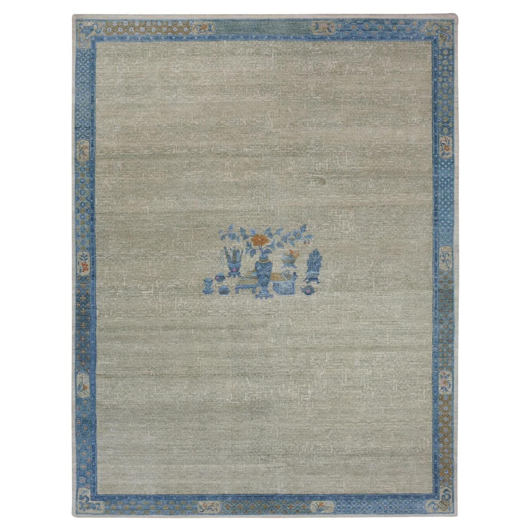 Ash Gray Antique Chinese Inspired Open Field Wool Hand Knotted Rug 9'1"x12'1" For Sale